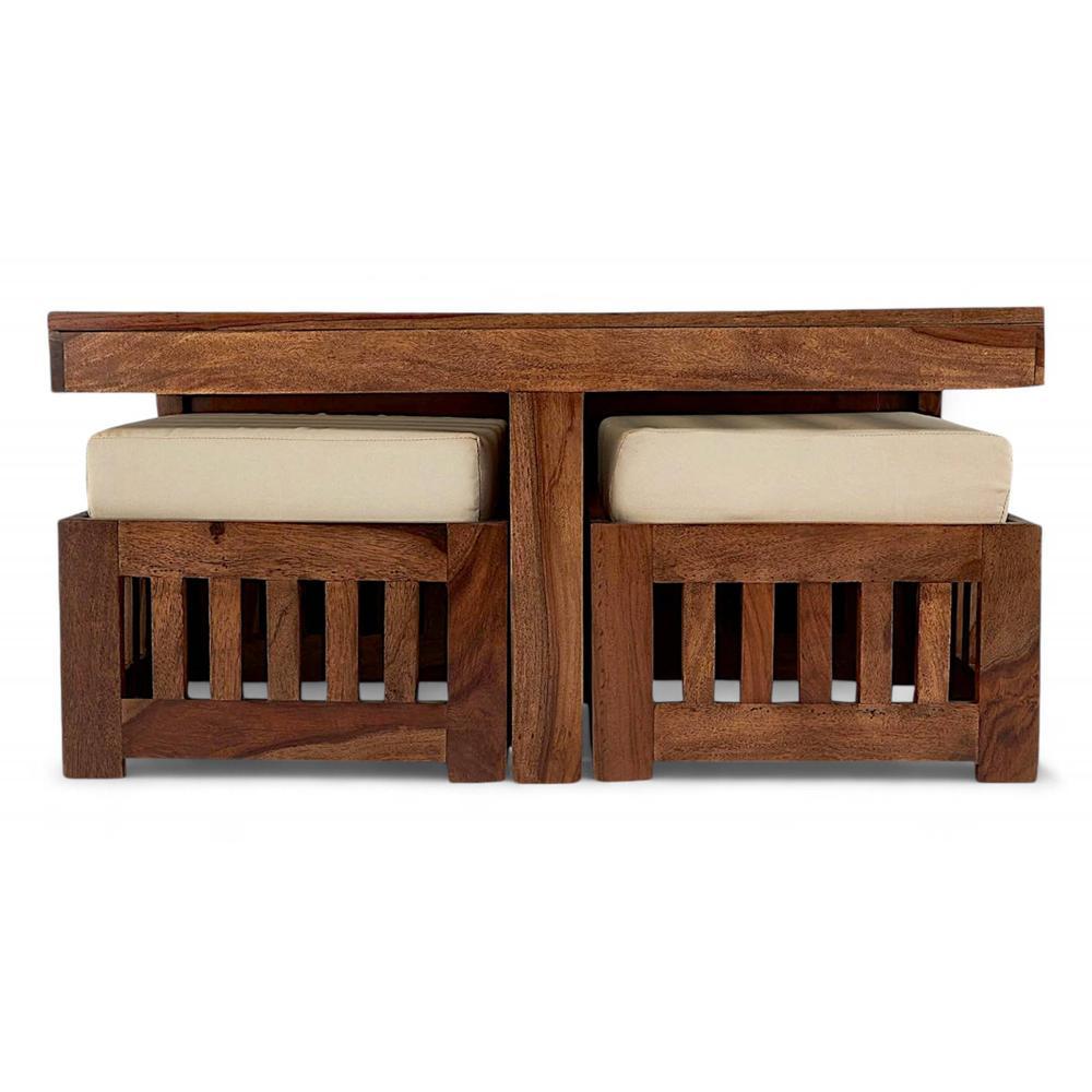 Palladio Sheesham Wood Accent Coffee Table Set With 4 Stools In Natural Teak Finish