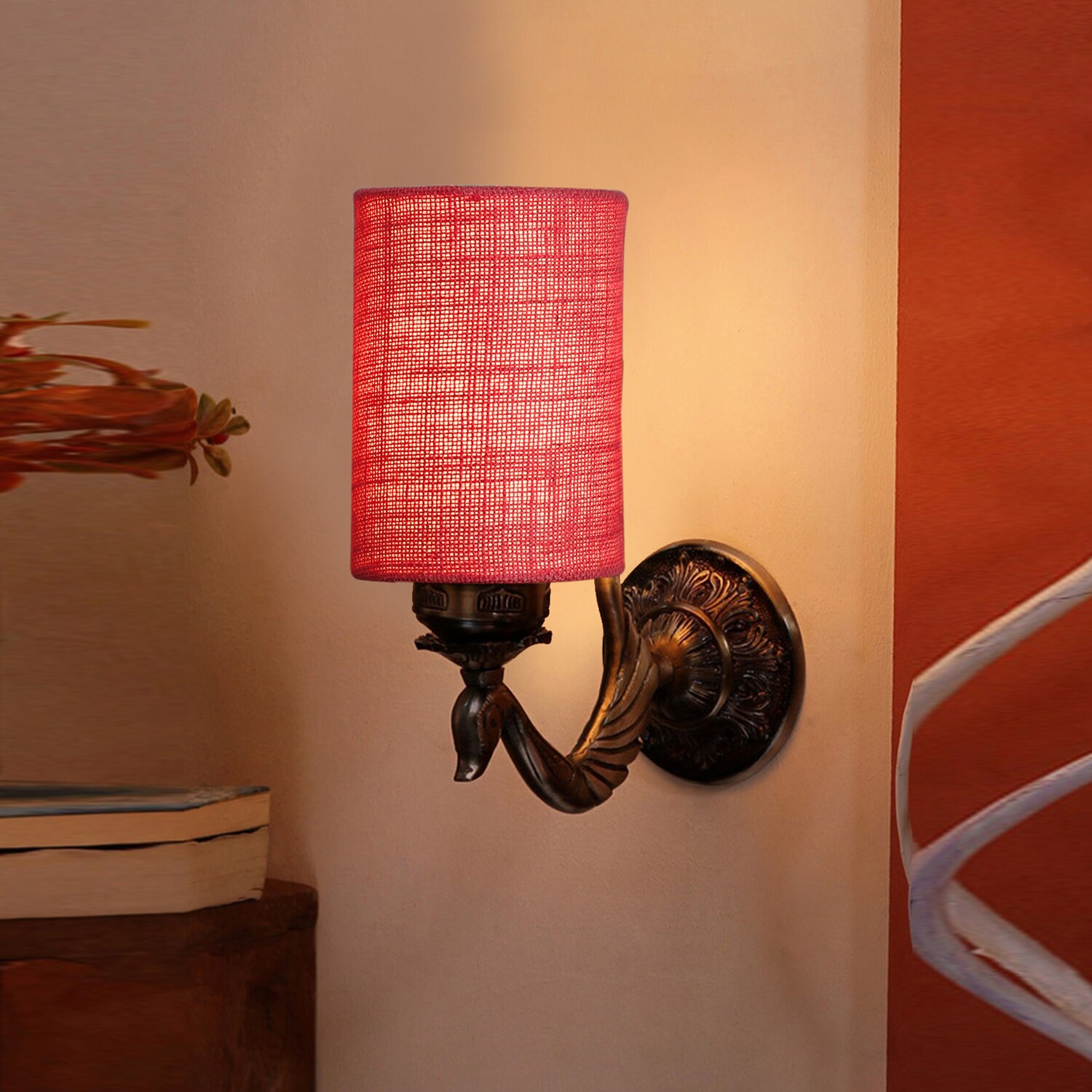 Devansh Metal Electric Wall Light in Antique Gold Colour with Pink Shade Count of 1 Light - Devansh