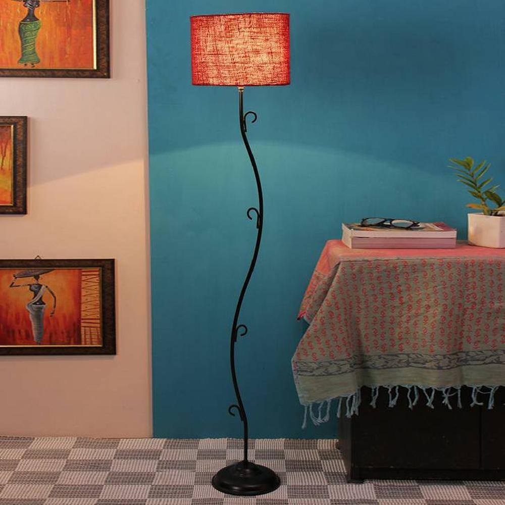 Beryle Maroon Natural Fiber Floor Lamp with Black Iron Base