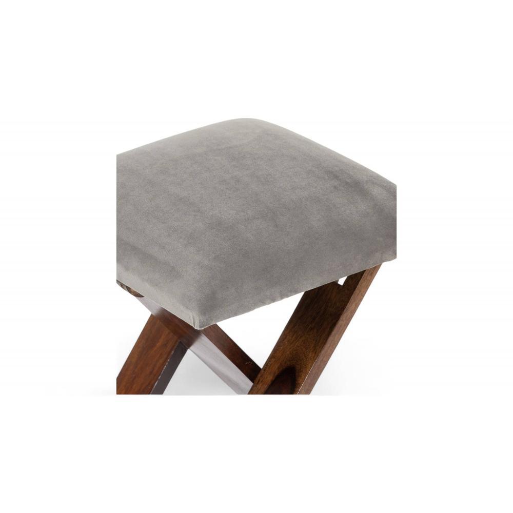 Dayton Sheesham Wood Accent Square Set of 2   Stools in Grey Cotton Velvet Upholstery