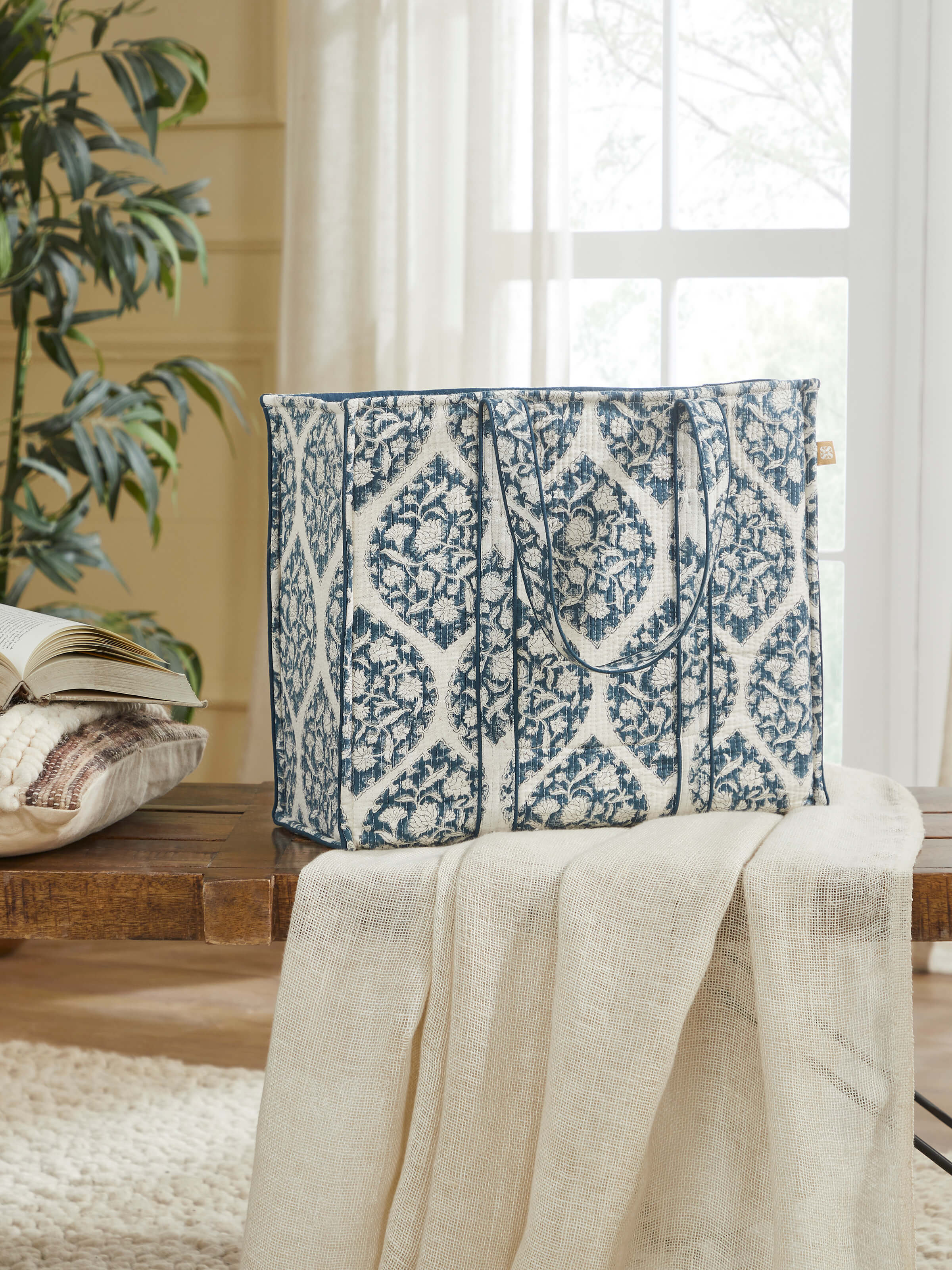 Blue Handblock Printed Quilted Tote Bag