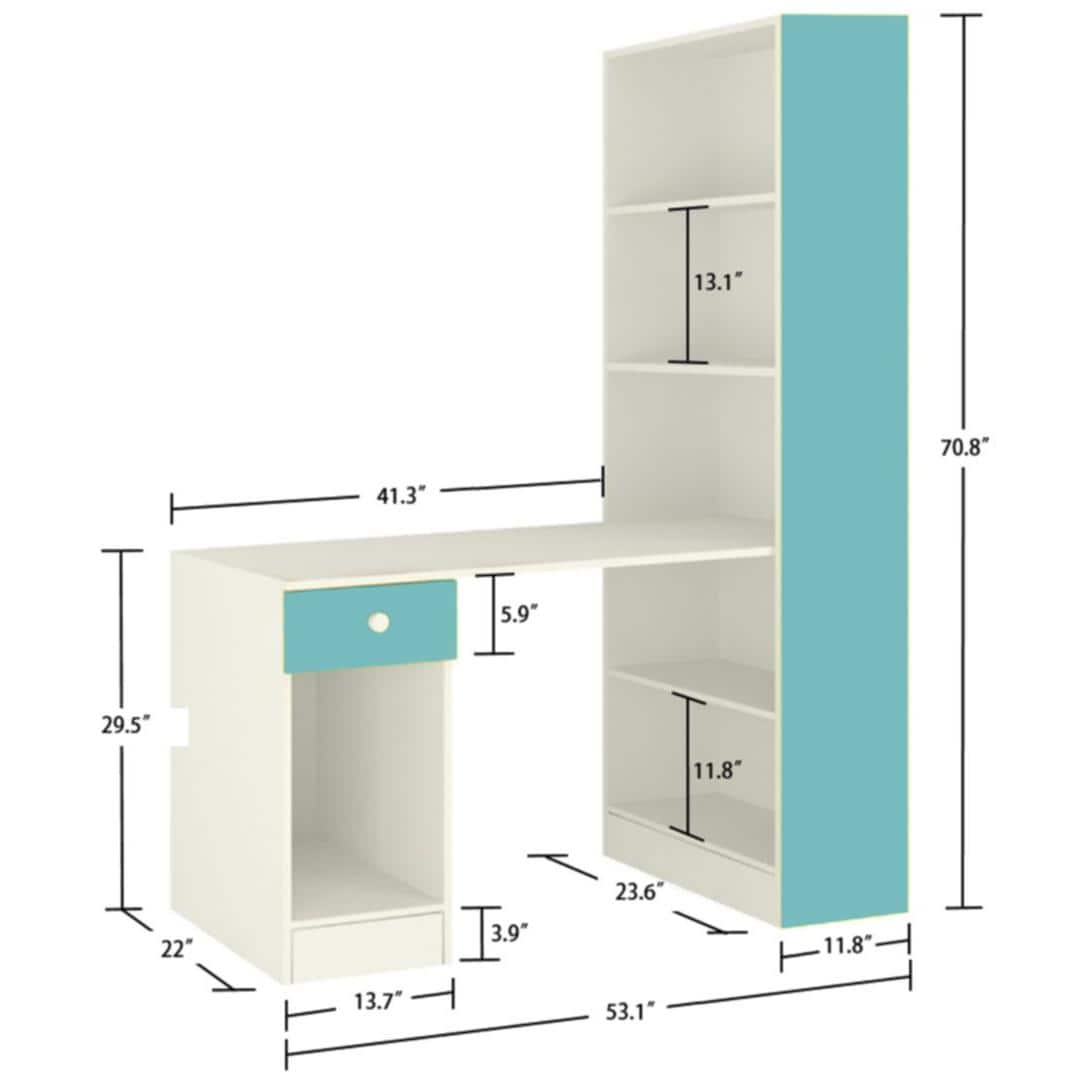 Austin Study Desk with Drawer and Built In Bookshelf in Misty Turquoise Colour
