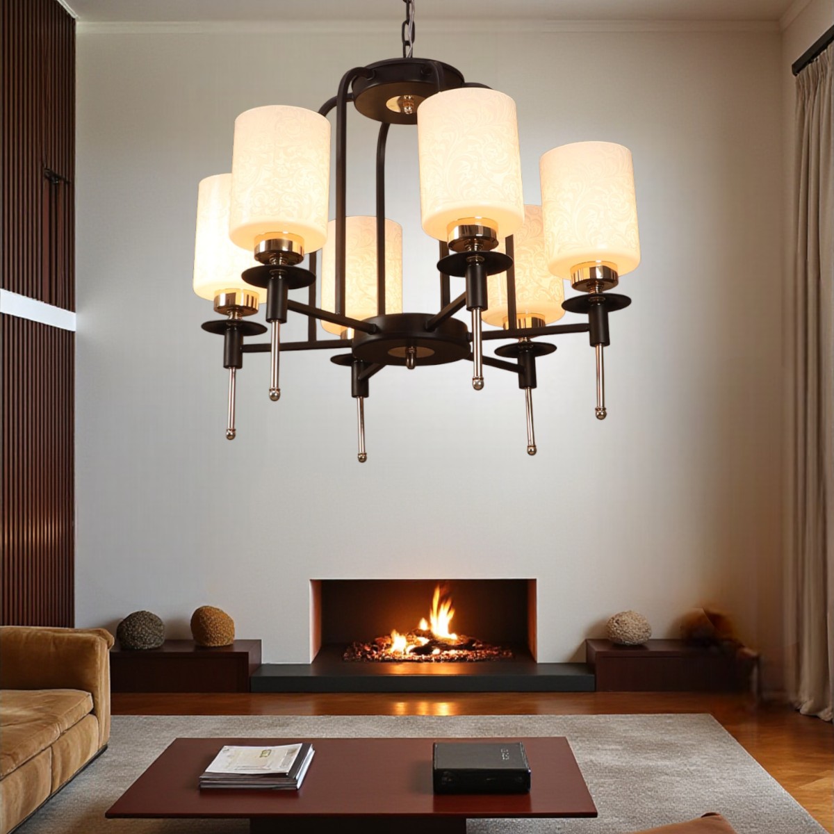 Eliante 6-Light White Chandelier, Mild Steel Frame With Glass Shades, Modern Ceiling Light Fixture