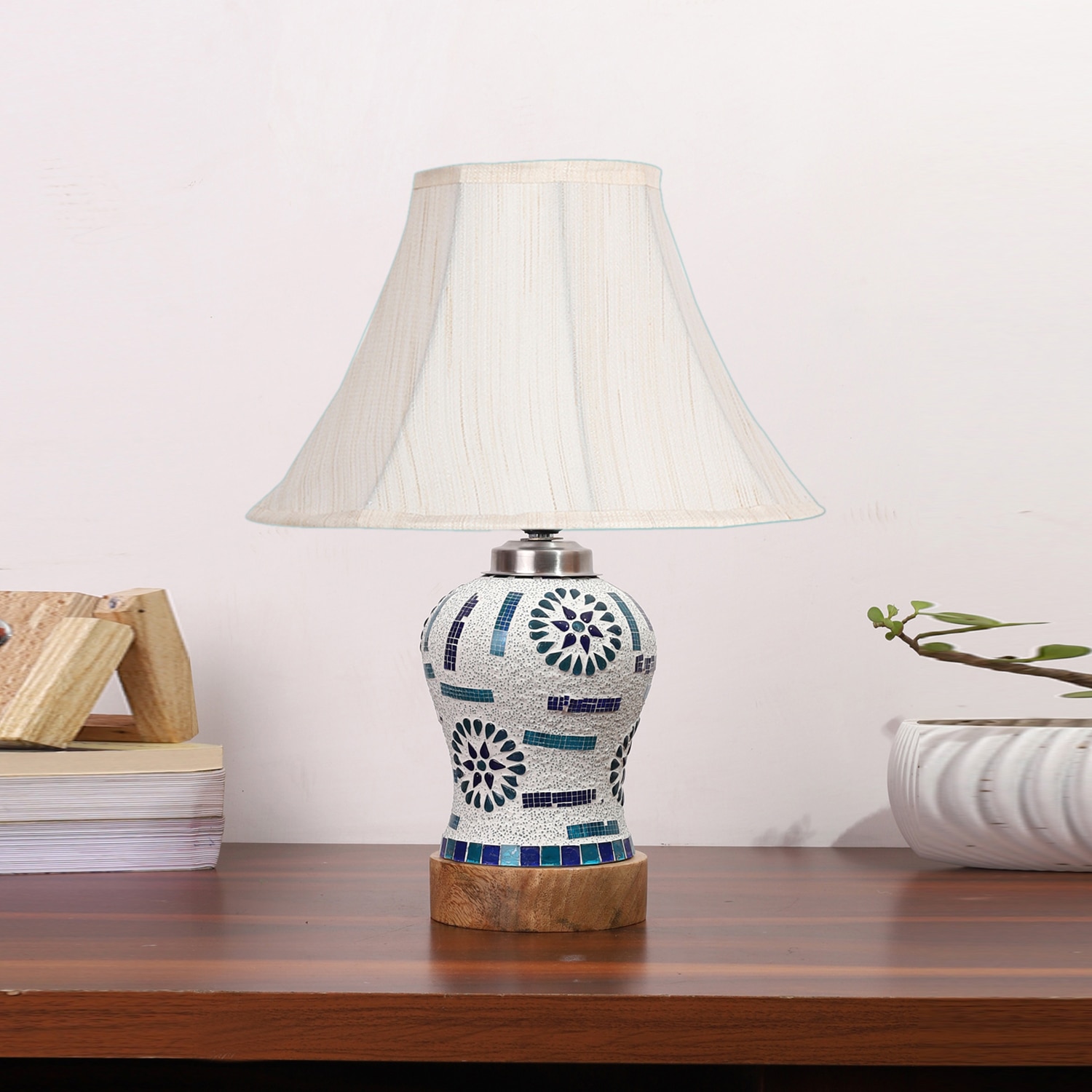Devansh Off-White Cotton Shade Lamp With Wood & Mosaic Glass Base For Decoration/Office/Home/Gifting/Study For Decoration/Office/Home/Gifting/Study - Devansh