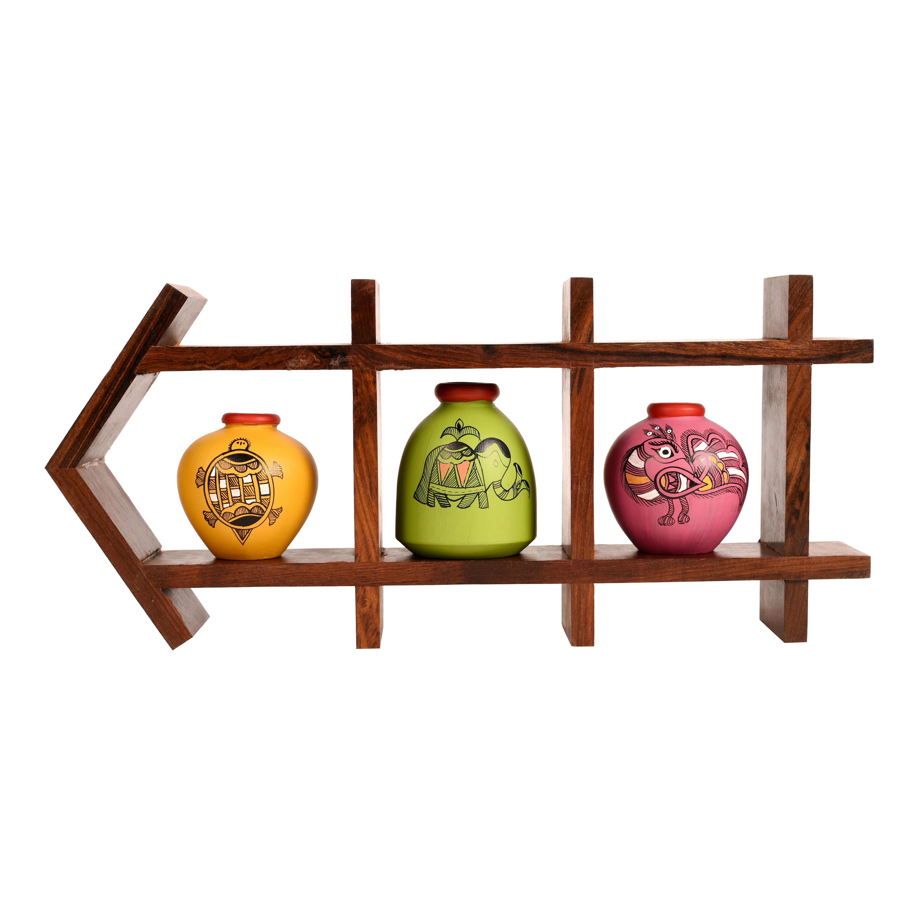 Wall Decor Ladder & 3 Colored Handcrafted Madhubani Pots (13x2x6)