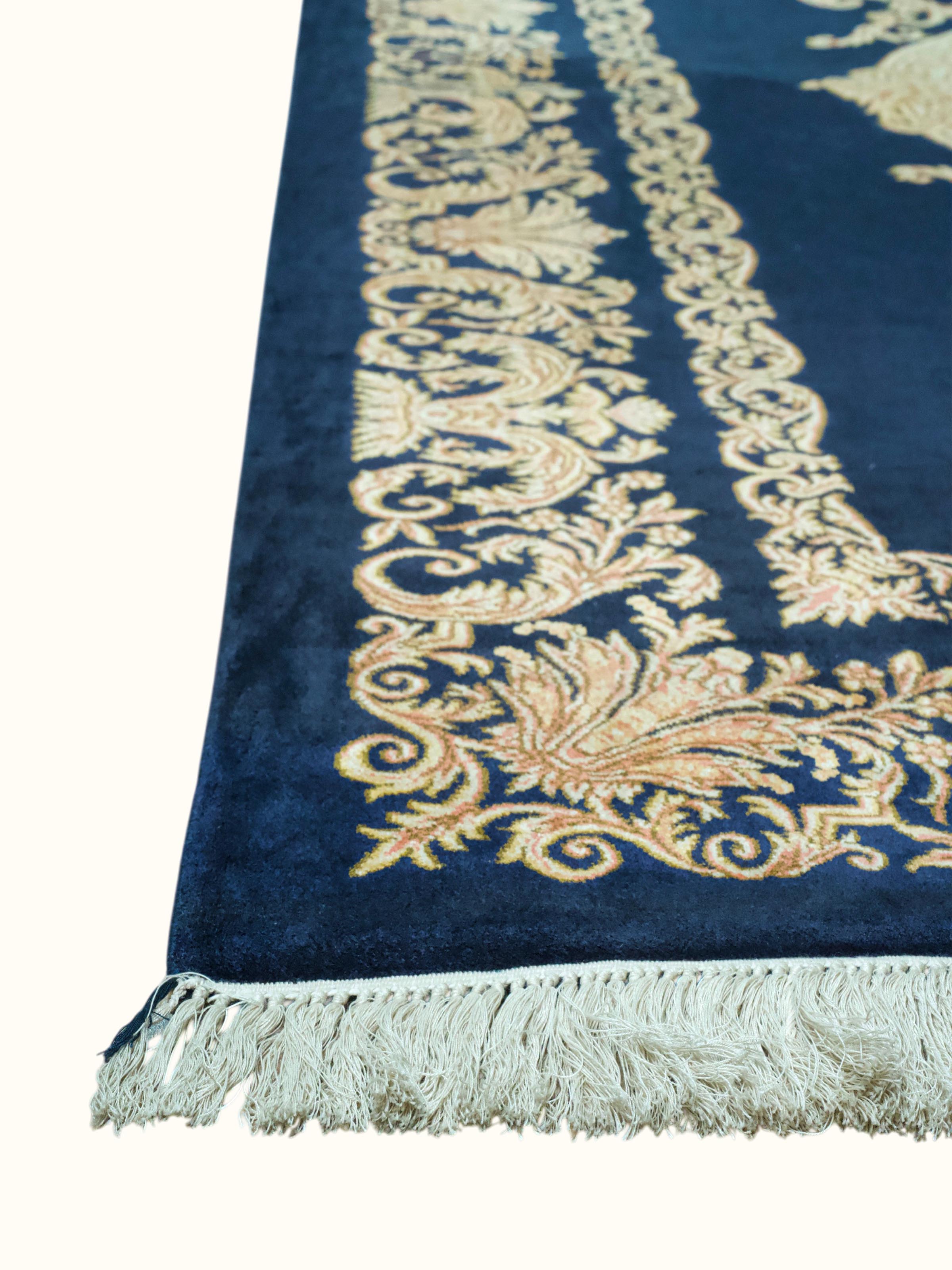 Traditional Persian Navy Opan Kashmir Silk Hand-Knotted Carpet