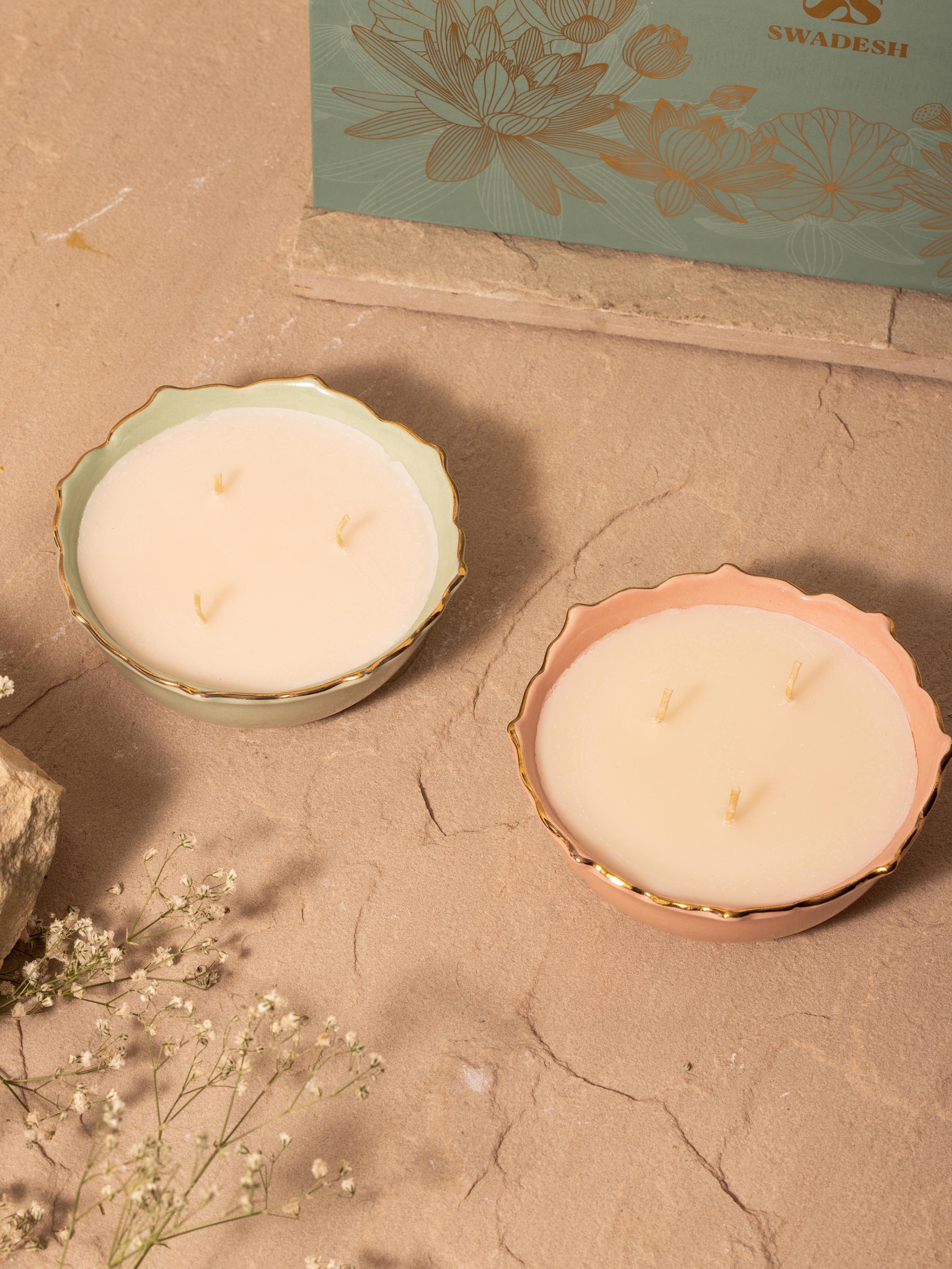 Side view of Ceramic Candle set of 2 highlighting the intricate patterns and textures