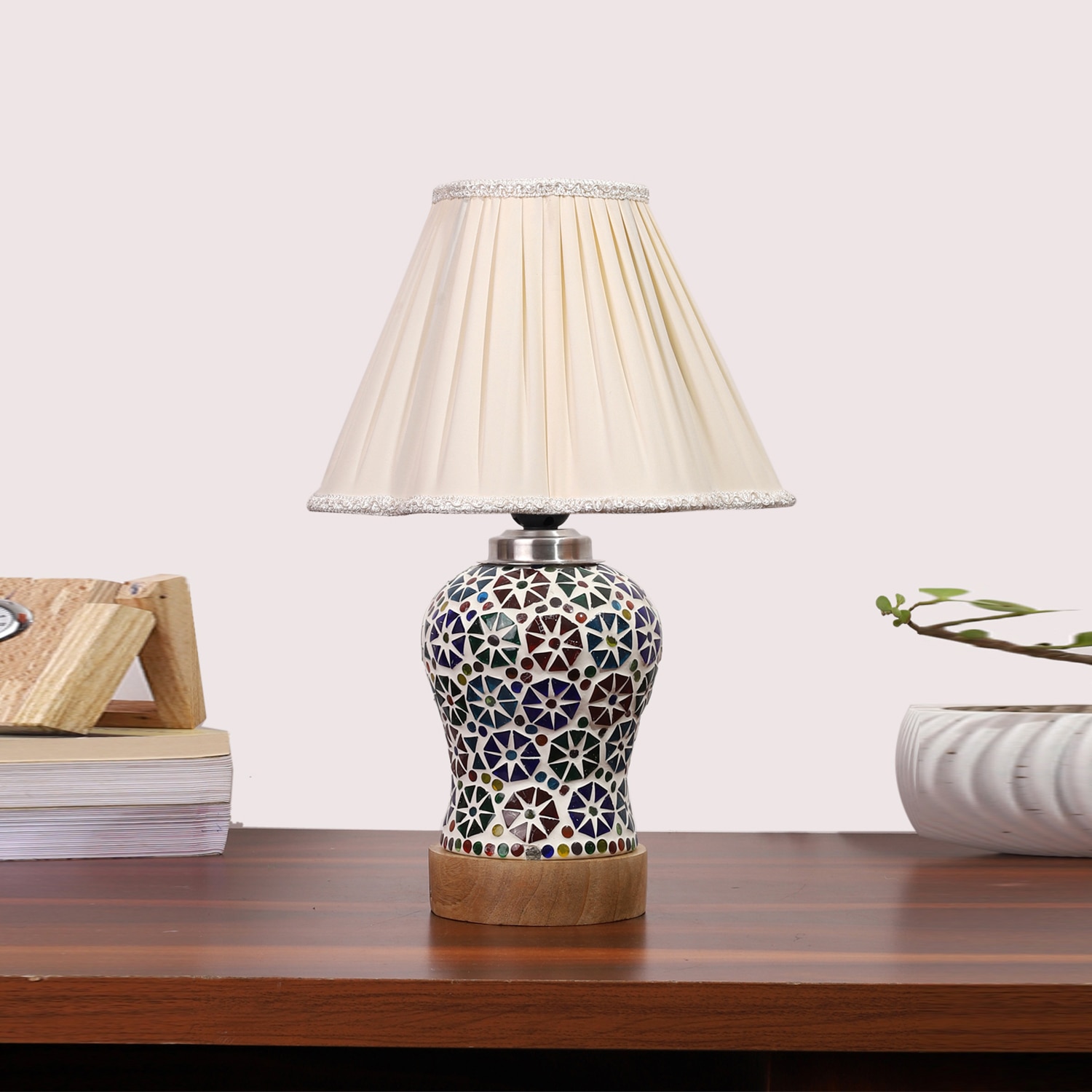 Devansh Off-White Vintage Cotton Pleated Shade Lamp With Wood & Mosaic Glass Base For Decoration/Office/Home/Gifting/Study For Decoration/Office/Home/Gifting/Study