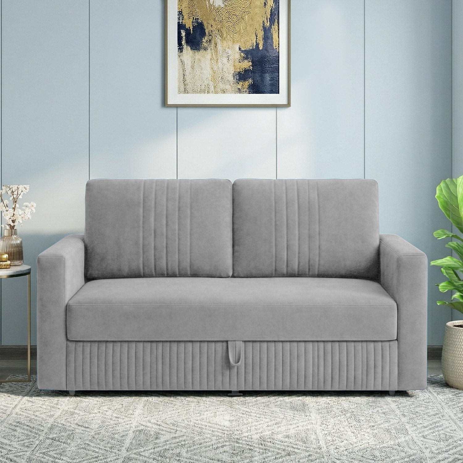 Alfon 2 Seater Velvet Pull Out Sofa Cum Bed with Storage In Grey - Home Lifestylez