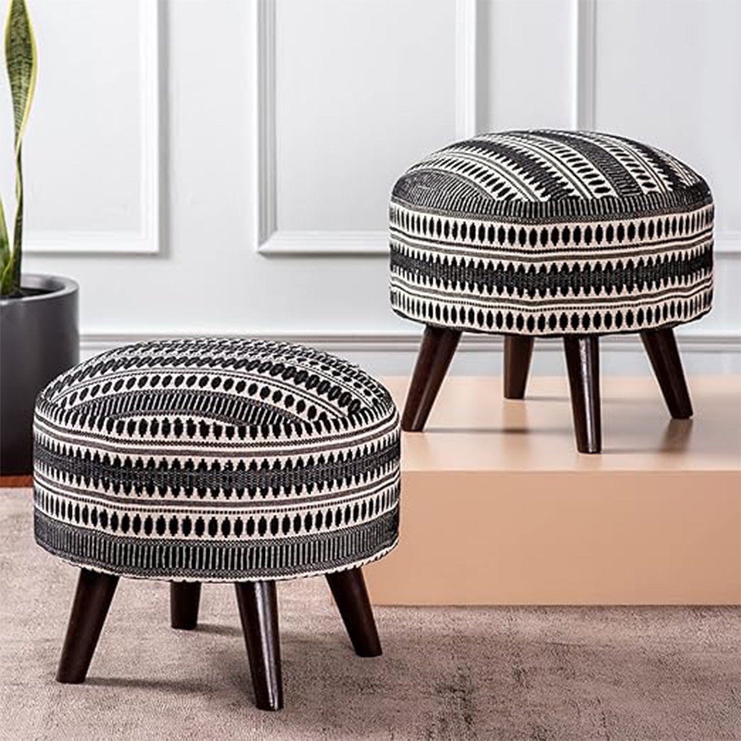 Bohemian Jacquard Wooden Ottoman in Black & Off White Set of 2 - Nestroots