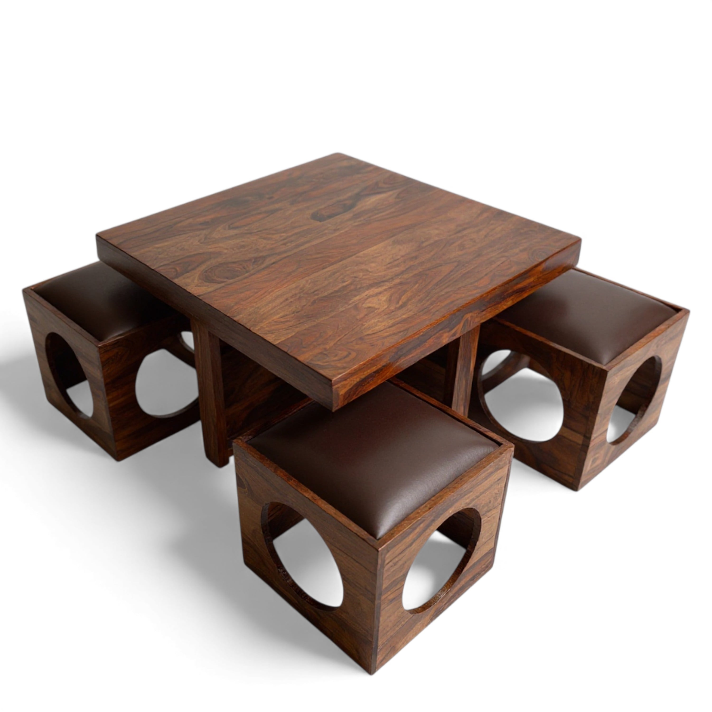Nordic Sheesham Wood Accent Coffee Table Set With 4 Stools In Provisional Teak Finish