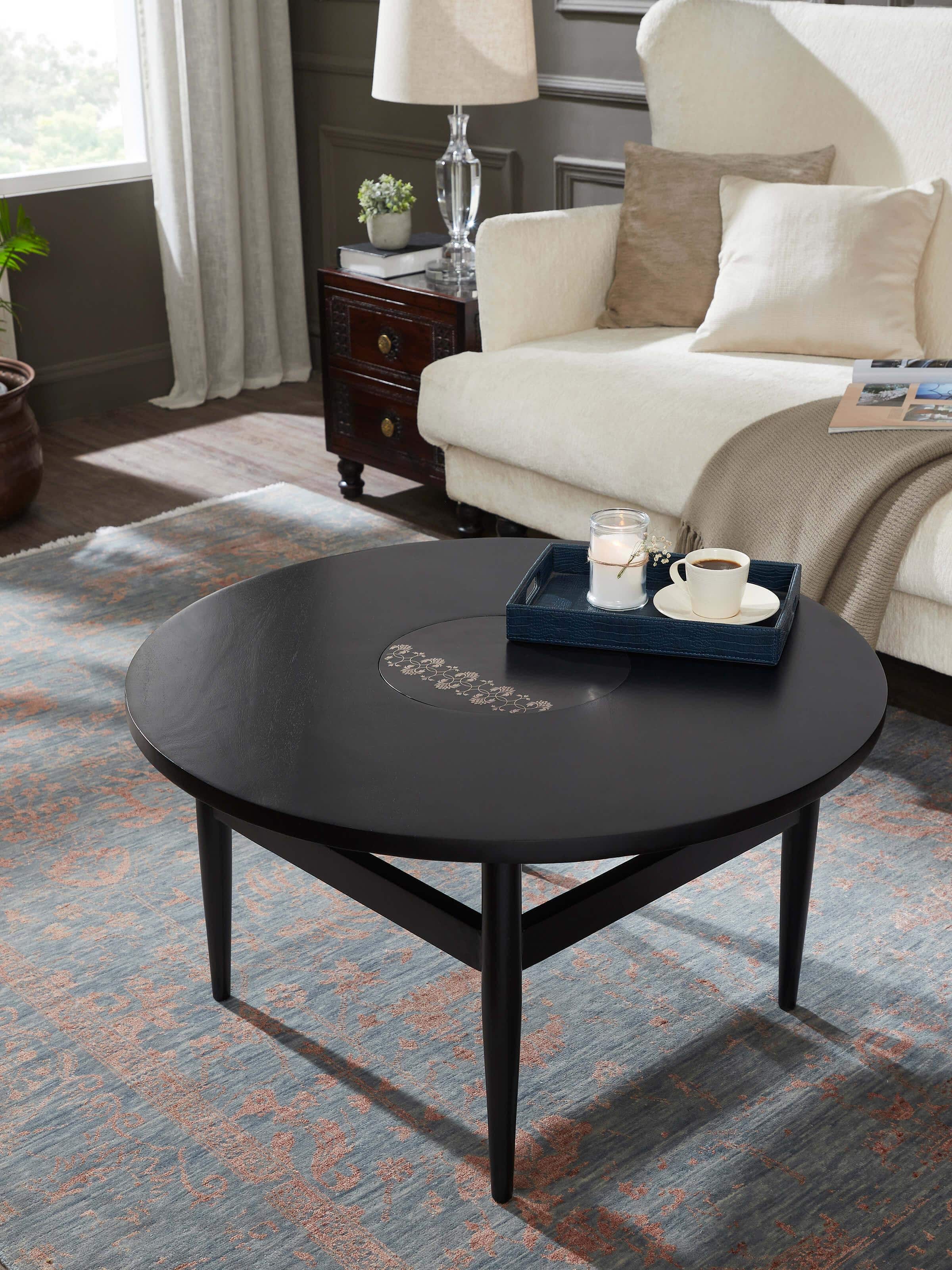 Side view of Swadesh Mango Wood & Metal Bidriware Coffee Table displaying metal and wood craftsmanship in the table design