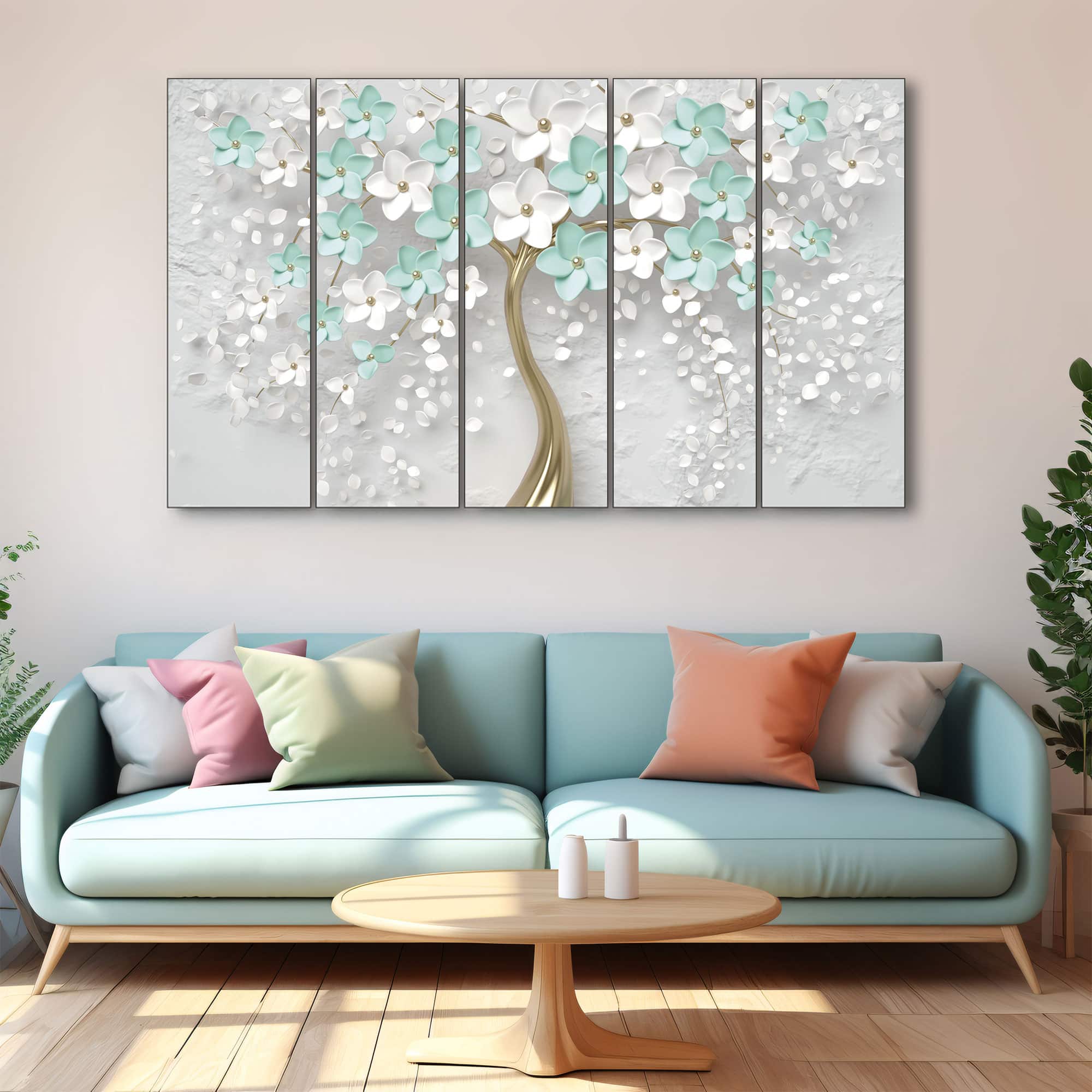 The Castle Decor 3D Green Flower Tree Wall Art Set of 5 27x48 Inch - The Castle Decor
