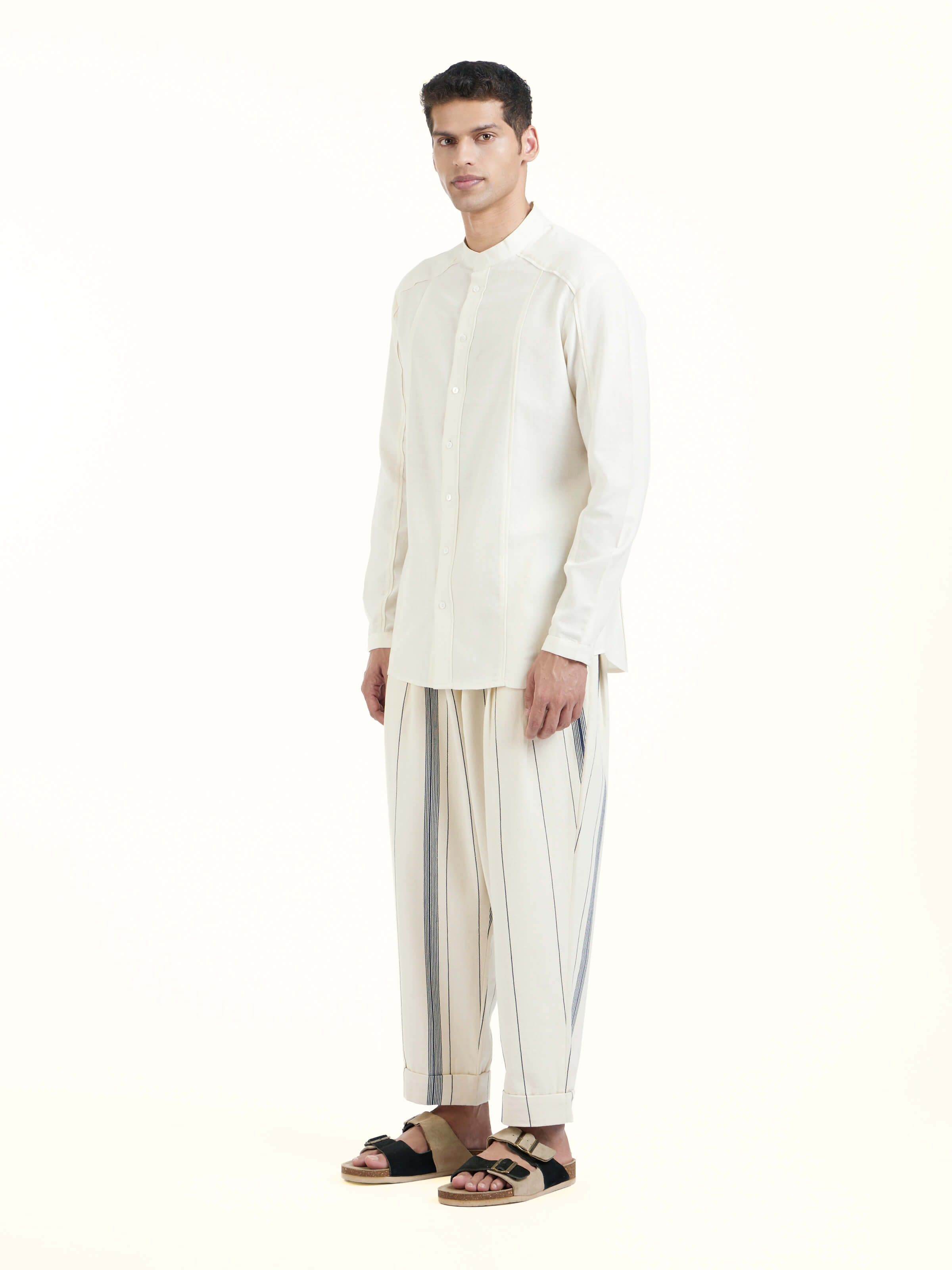 Side view of ivory cotton handloom full sleeve shirt highlighting comfortable silhouette