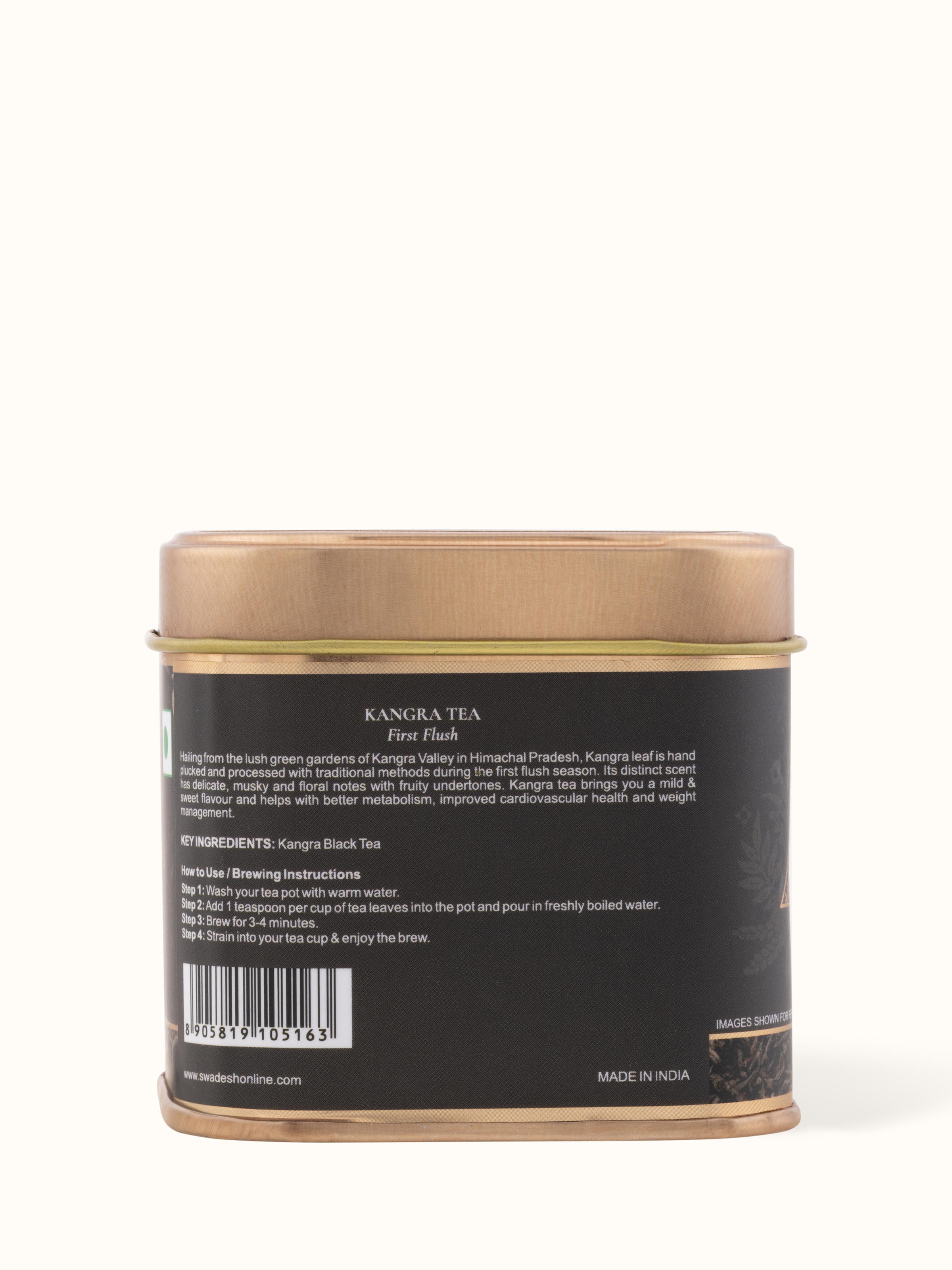Back view of Immunity-enhancing Kangra Tea First Flush showcasing the unique packaging and tea quality