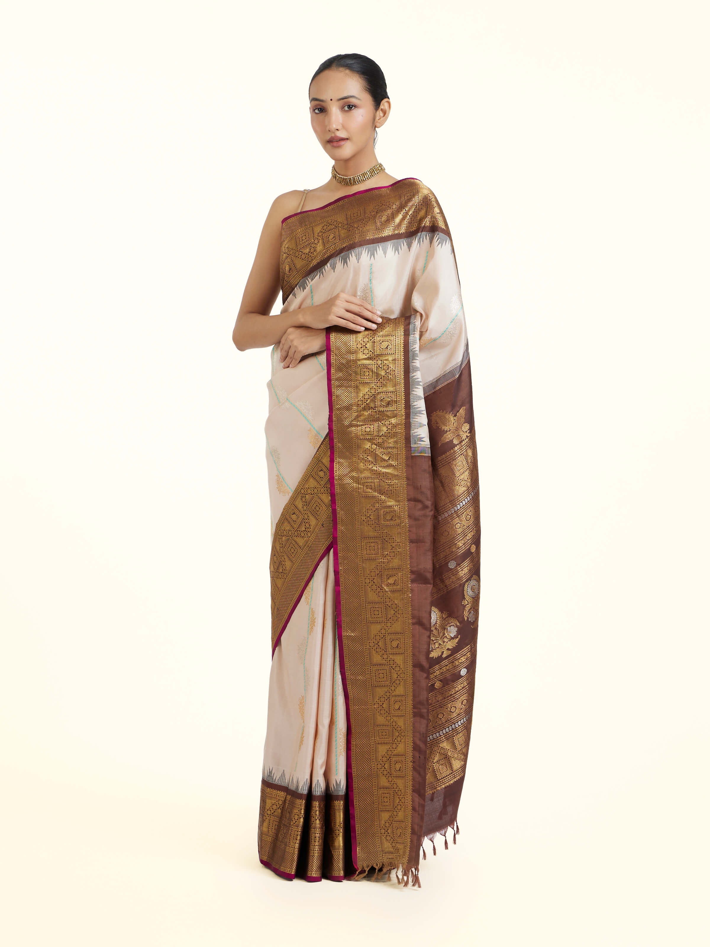 Off-White Gadwal Silk Zari Saree