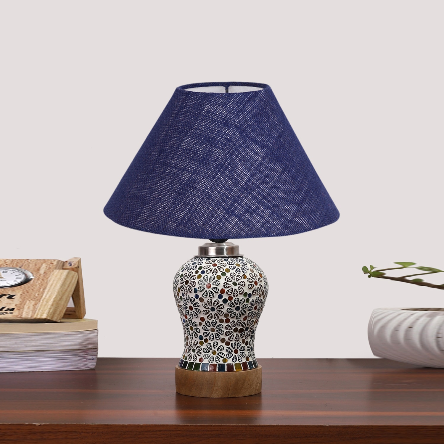 Devansh Conical Blue Jute Shade Lamp With Wood & Mosaic Glass Base For Decoration/Office/Home/Gifting/Study For Decoration/Office/Home/Gifting/Study -(10X10X14.5) Inches -A - Devansh