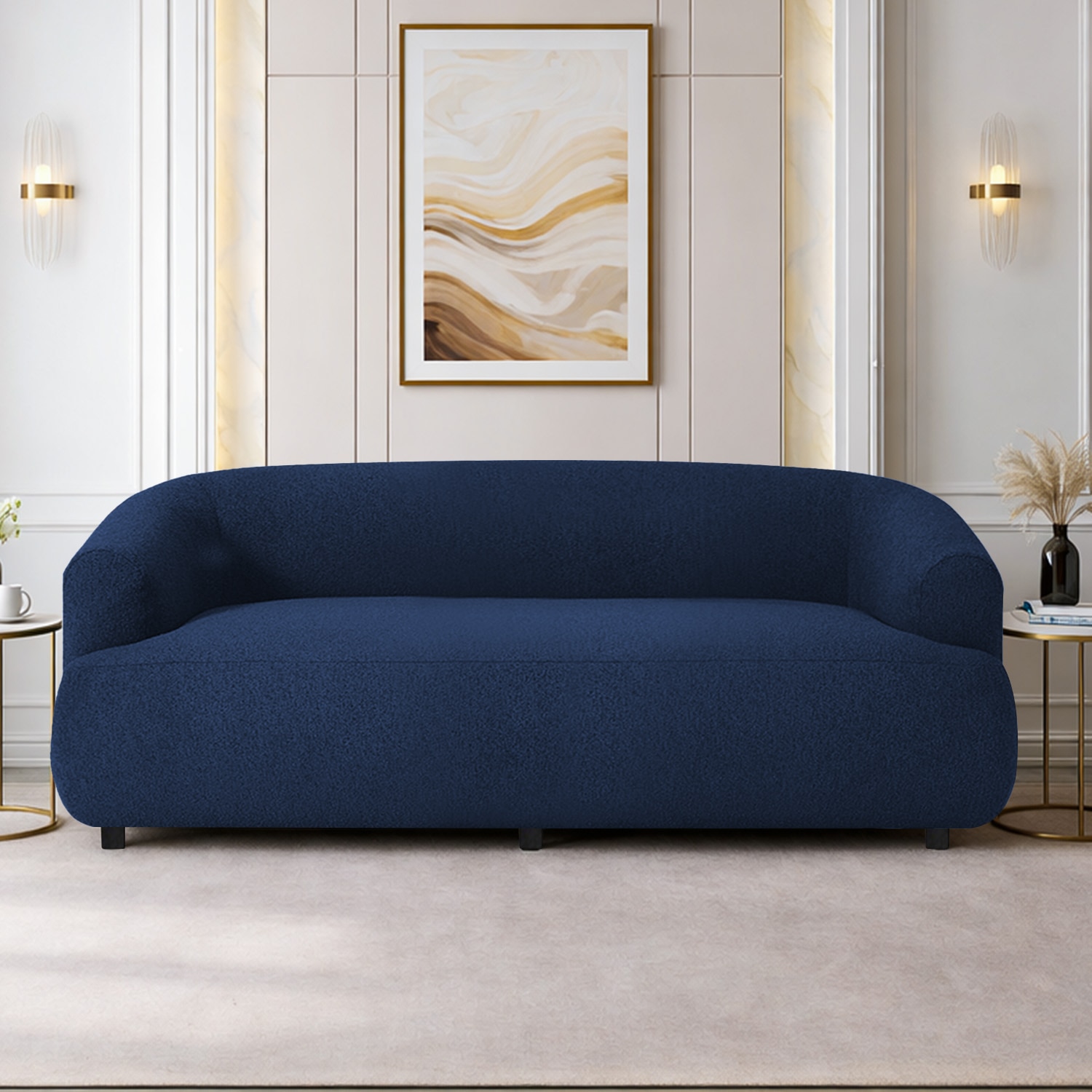 Morgen Boucle Fabric 3 Seater Sofa In Navy Blue