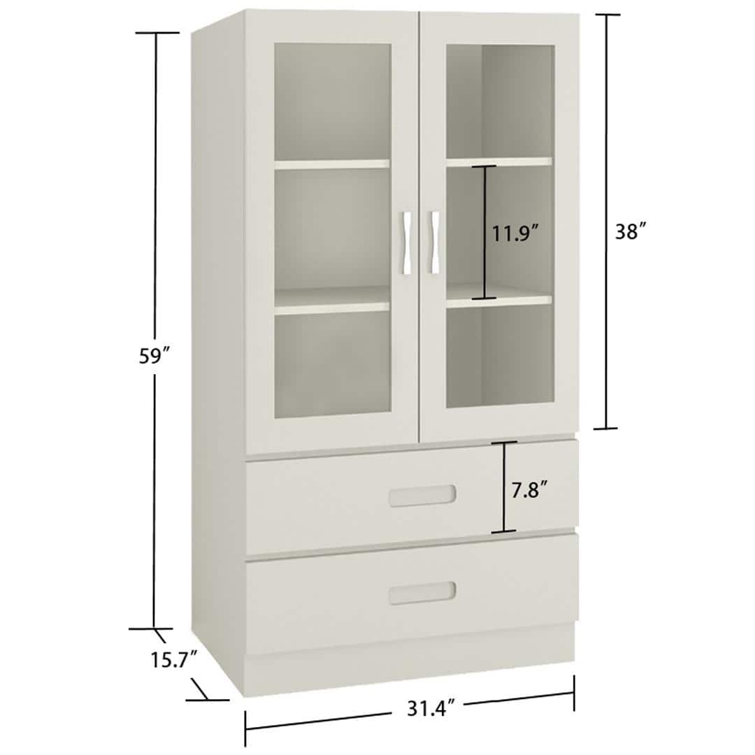 Paloma Large Crockery cum Bookshelf Cabinet with Toughened Glass Shutters and Drawers in Ivory Colour