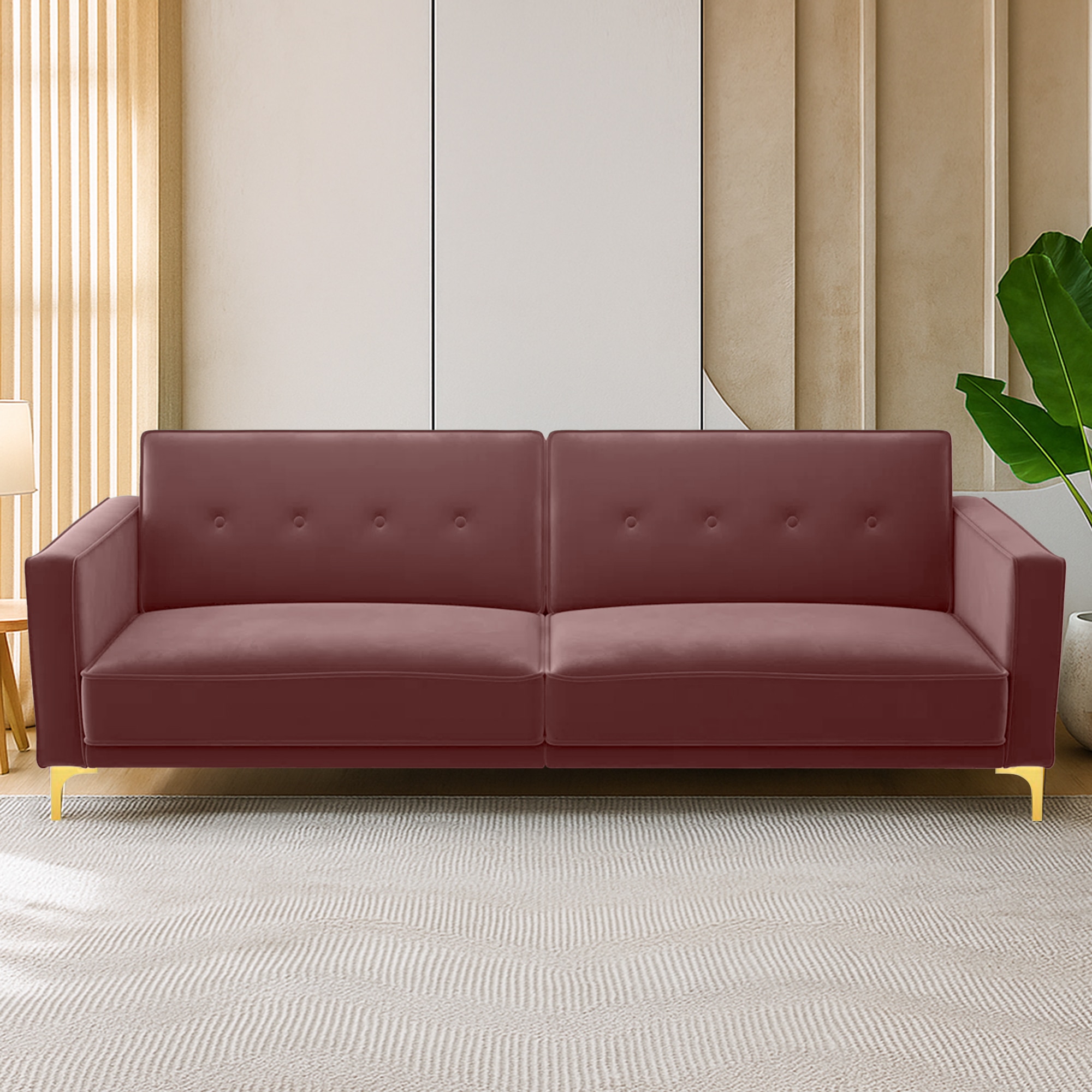 Calisa 3 Seater Velvet Sofa Cum Bed in Pink colour