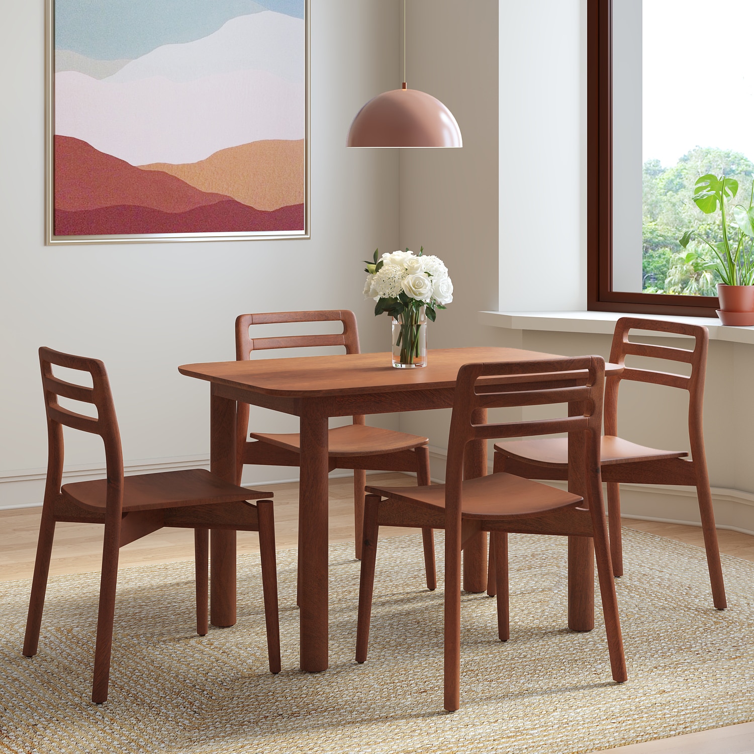 Dane Solid Wood Dining Table 4 Seater with 4 Dane Solid Wood Dining Chairs (Finish: Honey) - Urban Ladder