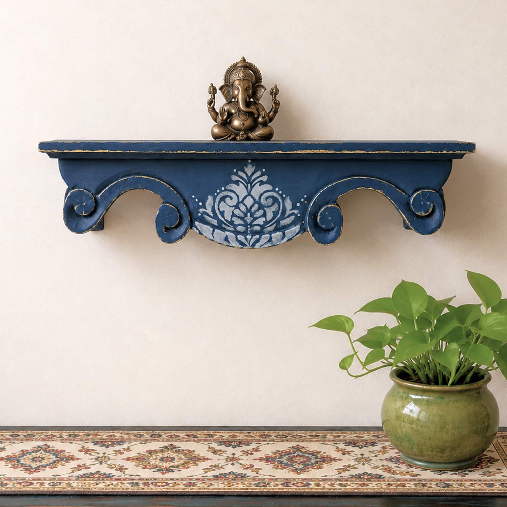GrayBlue Colour Solid Wood Handcarved Shila Floating Wall Shelf with block printing by DisooFashions - Disoo Fashions