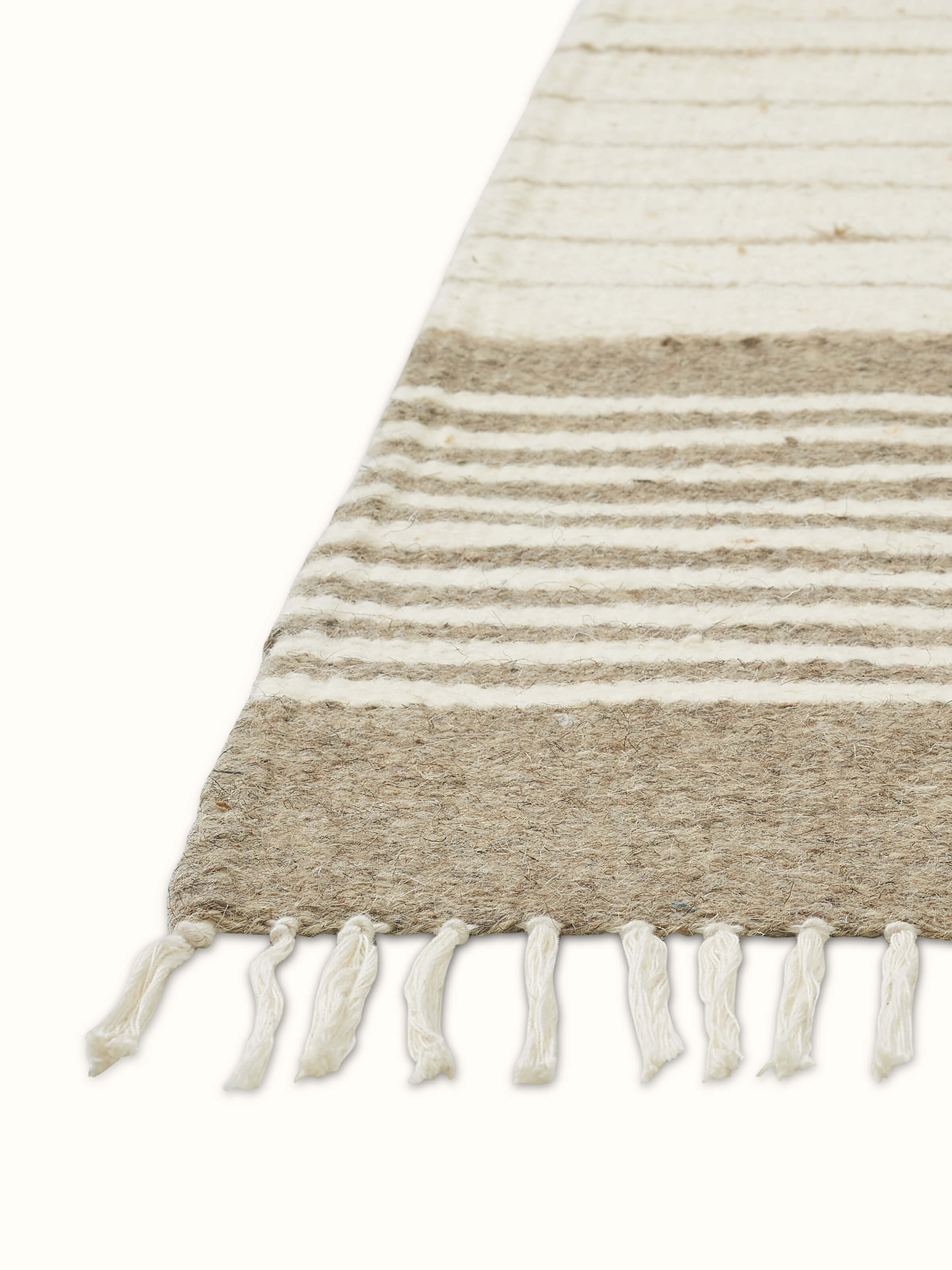 Detailed view of Nomad Stripes Beige Ivory Jawaja wool & cotton handloom dhurrie (3x5 ft), focusing on the stripe pattern and color variation.