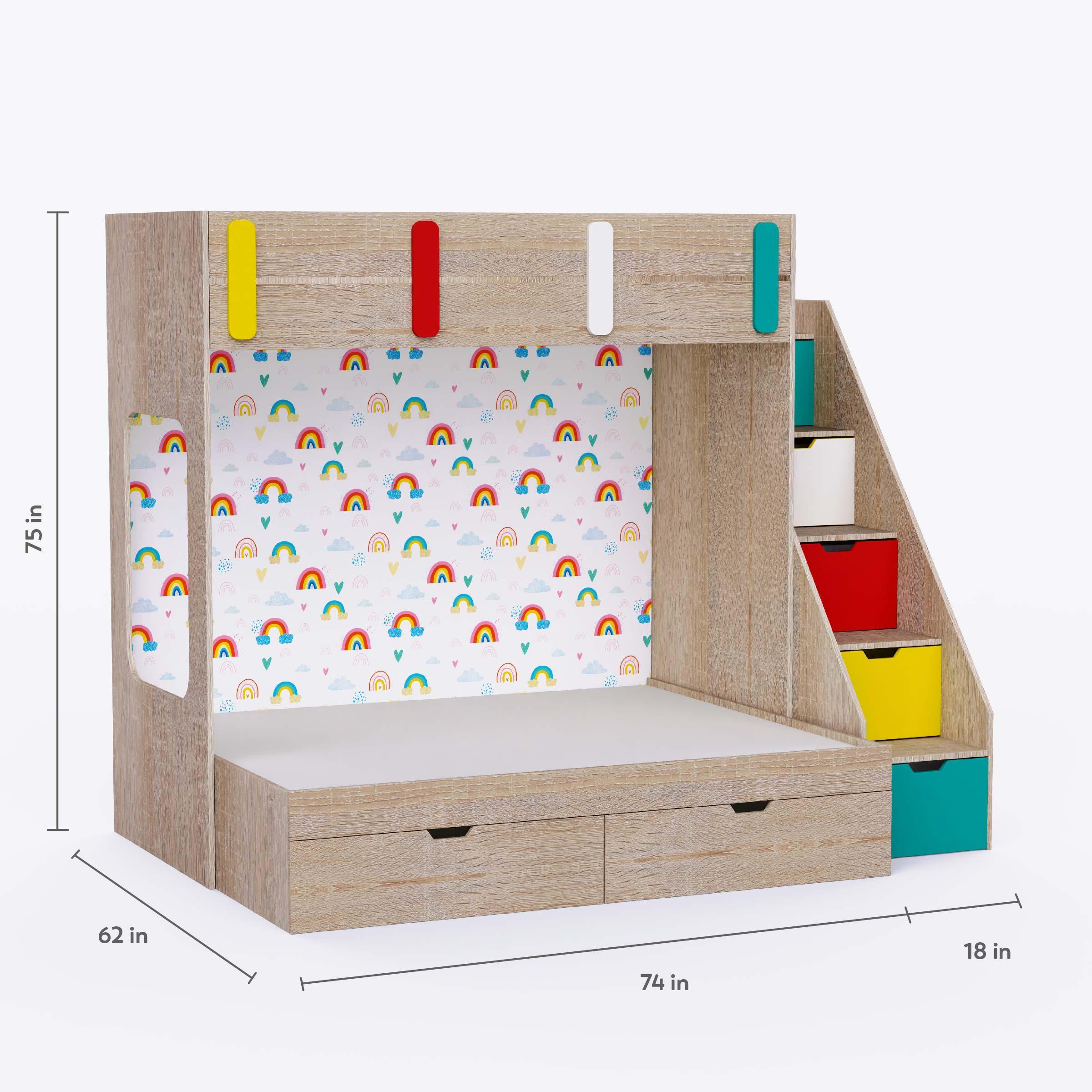 Pattern Dreams Bunk Bed  6X5 (Drawers On Wheels) In Oak & Teal Colour