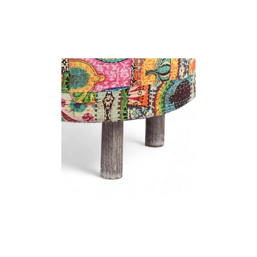 Rosslyn Solid Wood Ottoman Pouffee in Multi Colour Israel Print Kantha fabric