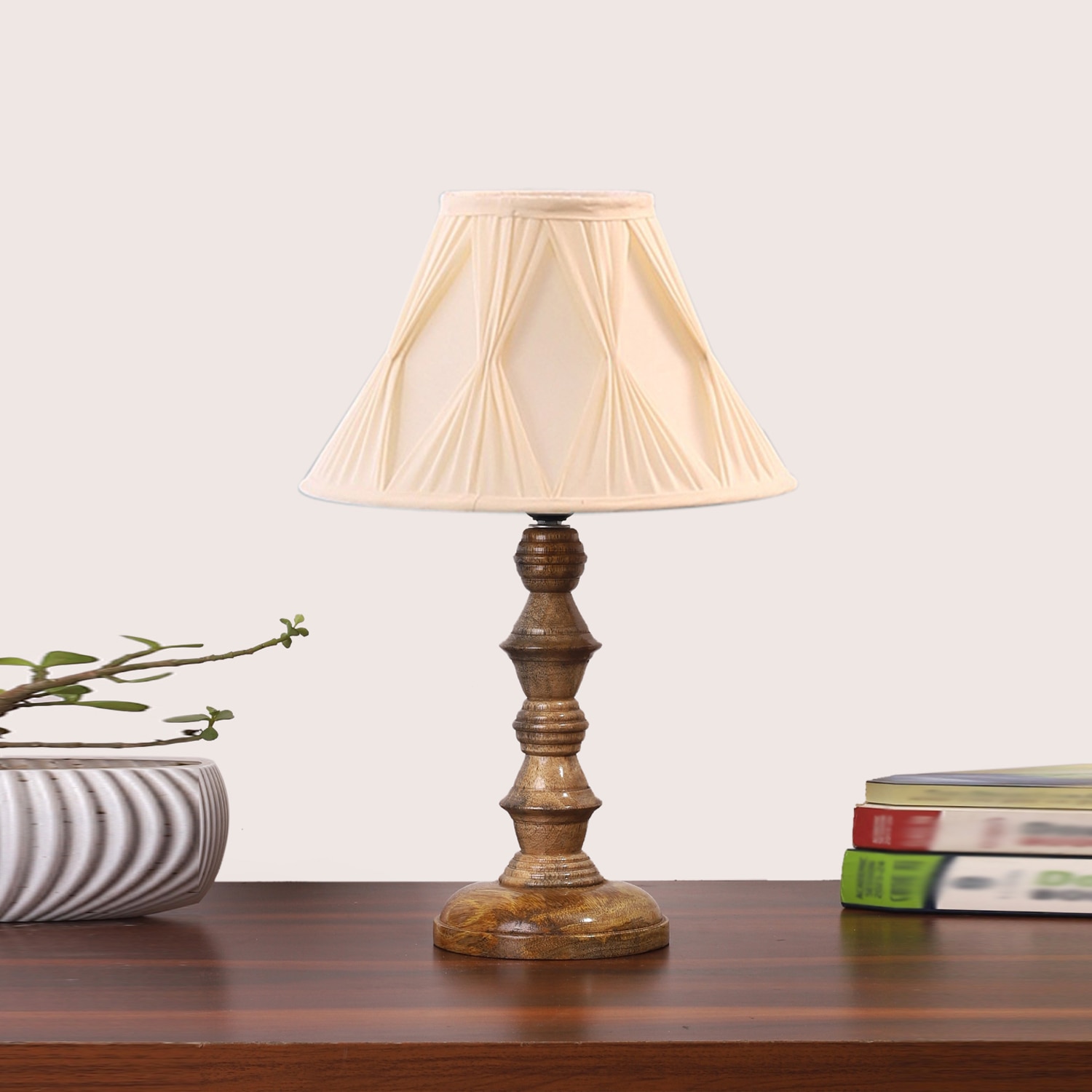 Devansh Off-White Cotton Vintage Curtain Pleated Lamp With Wood Base (12X12X17)