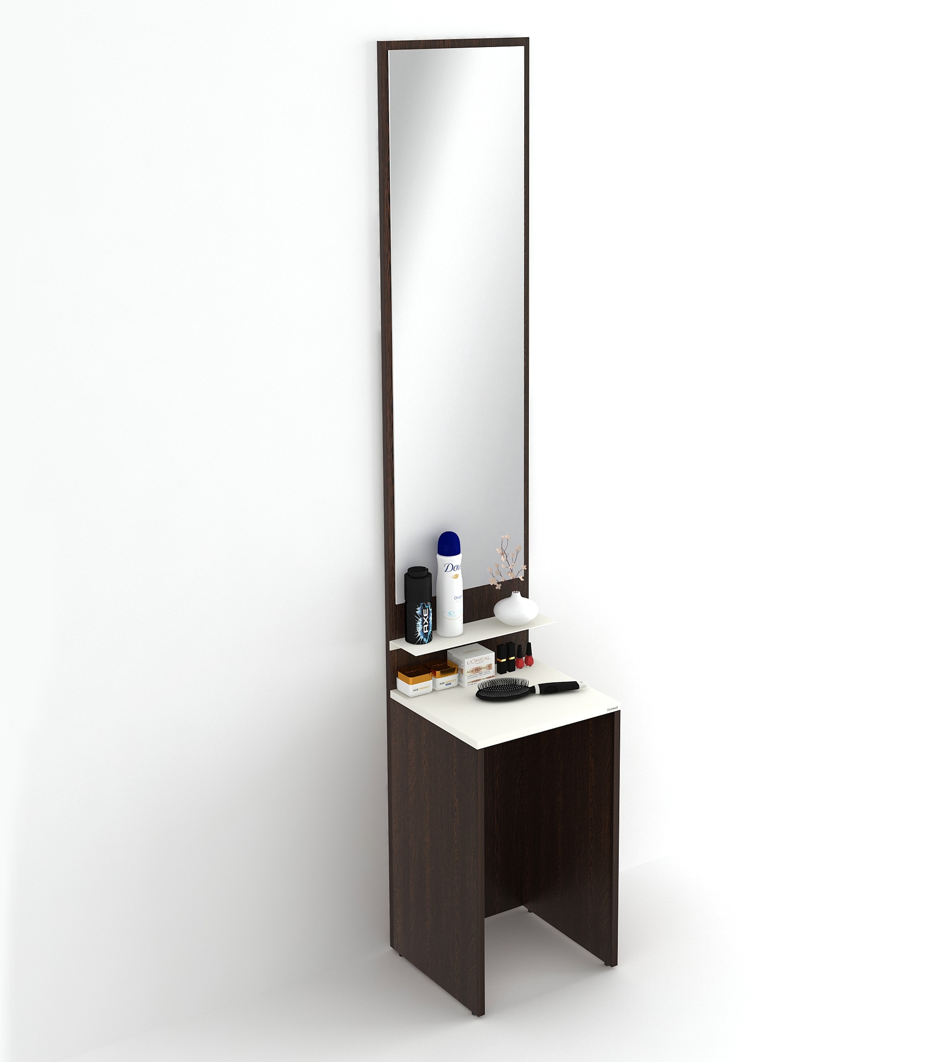 BLUEWUD Alesti Engineered Wood Slim Dressing Table Full Length Rectangular Wall Mount Mirror With Utility Shelf (Wenge & White)