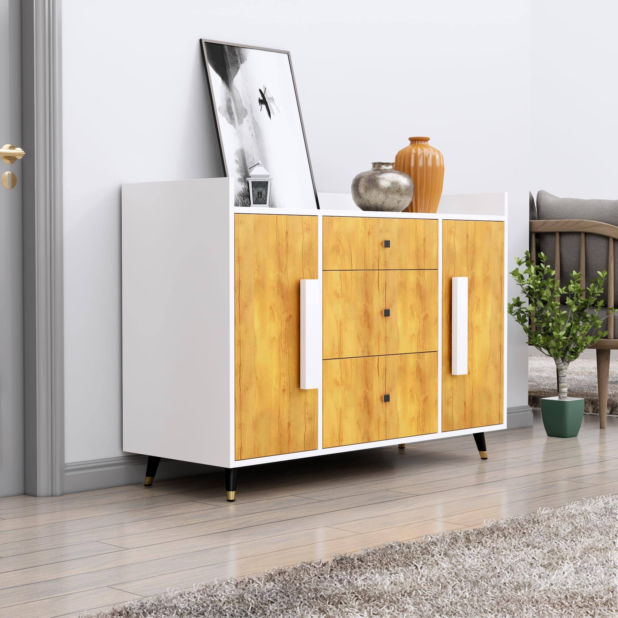 Hexa Red Multipurpose Storage Cabinet With 3 Drawer 2 Door in Frosty White And Giant Wood Colour - HexaRed