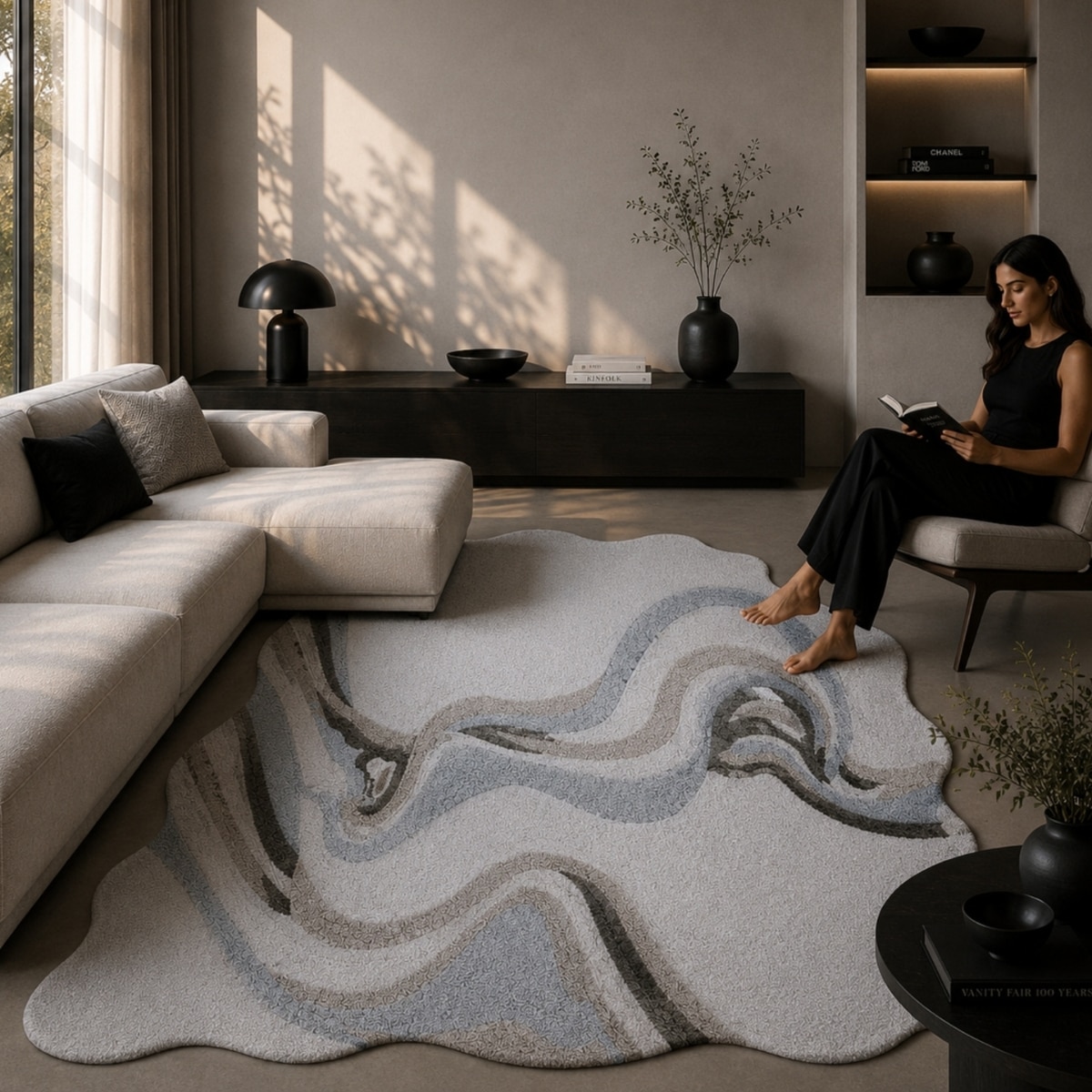 Handmade Wool Silk Shaped Rug Modern Wave Beige 4 x 6 Feet Carpet - NEU LOOMS