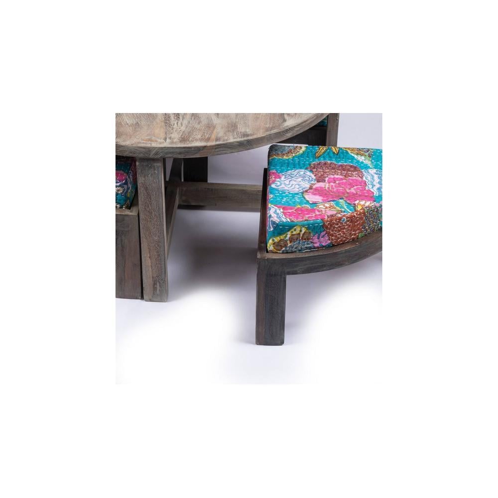 Nashville Sheesham Wood 4 Seater Coffee Table Set In Antique Grey Finish Floral Print Green Kantha Cushion