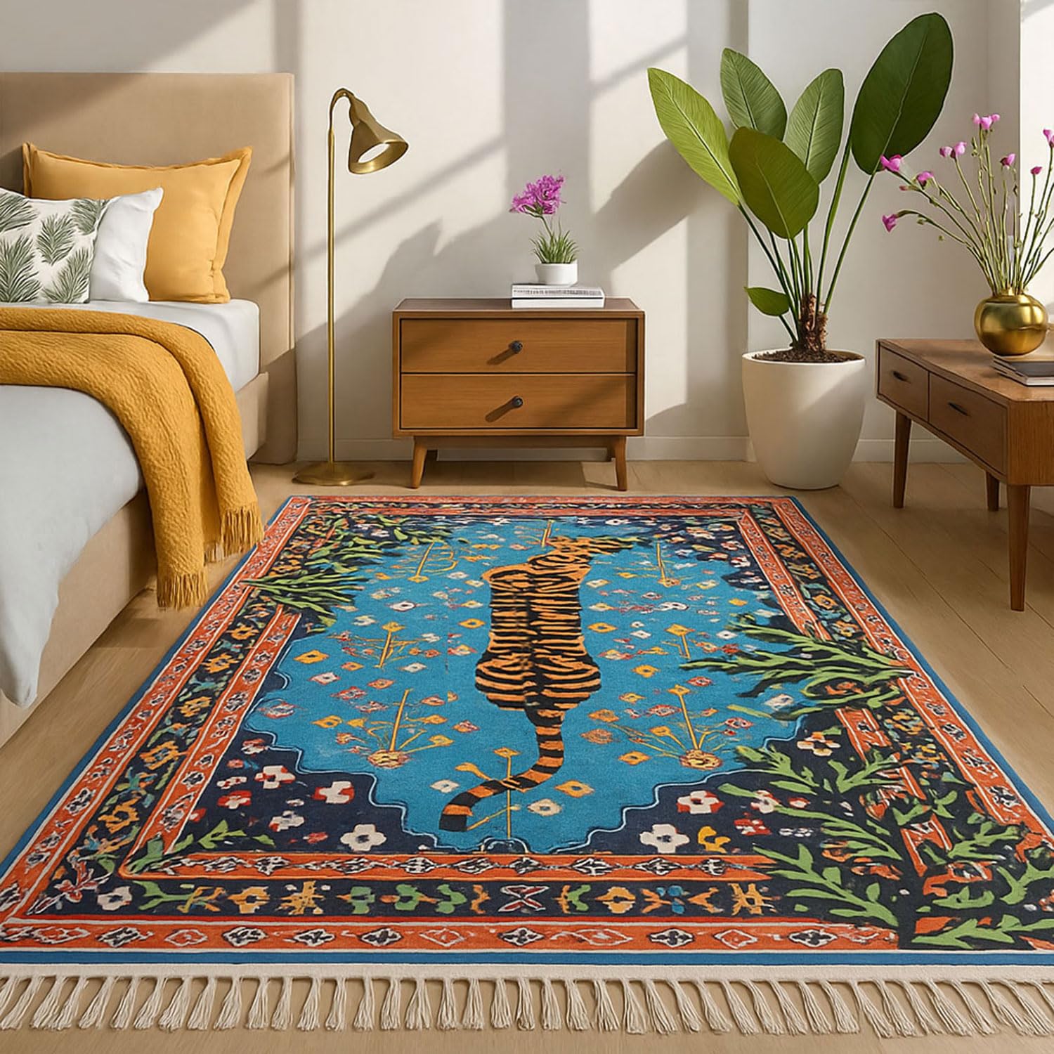 Luxe Home Polyester Blue Tiger Design Carpets with Tassel Latex Backing (3x5ft Multi)