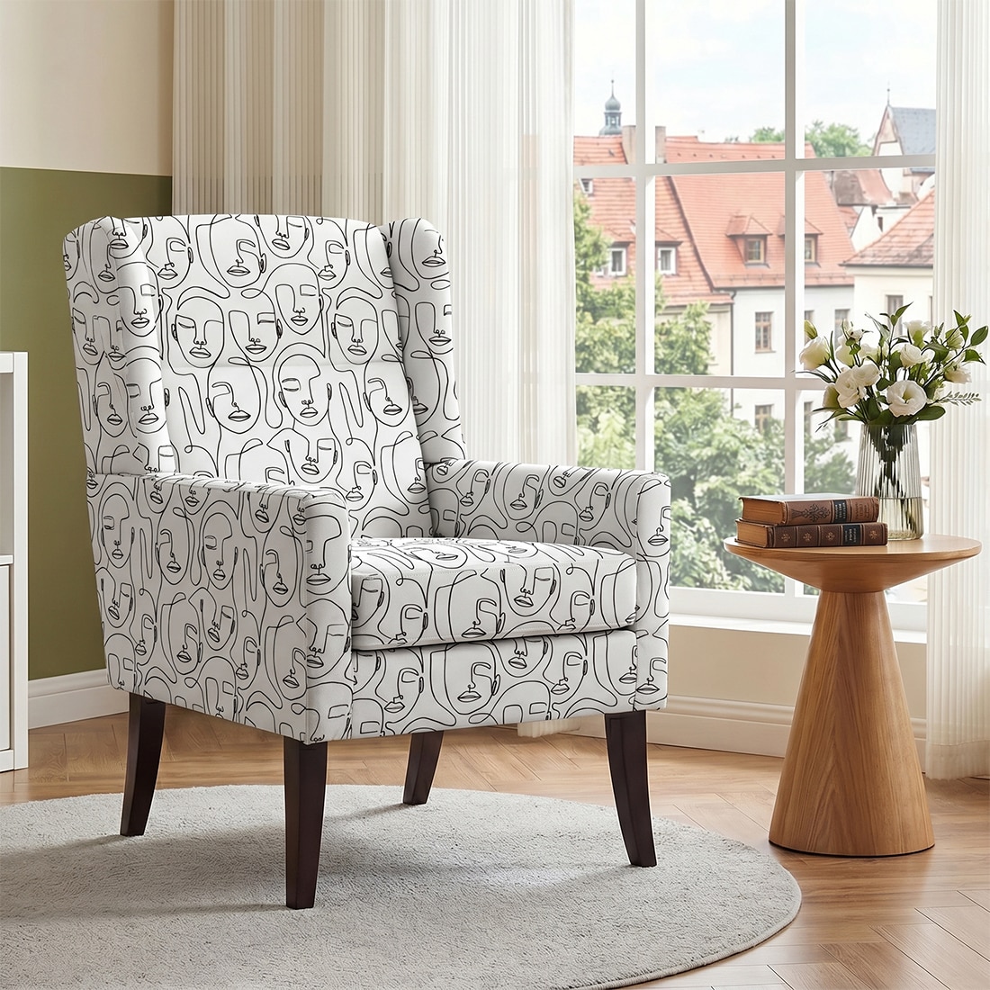 Joan Printed Human Canvas Fabric Wing Chair in White Colour - KURSIWALLAH