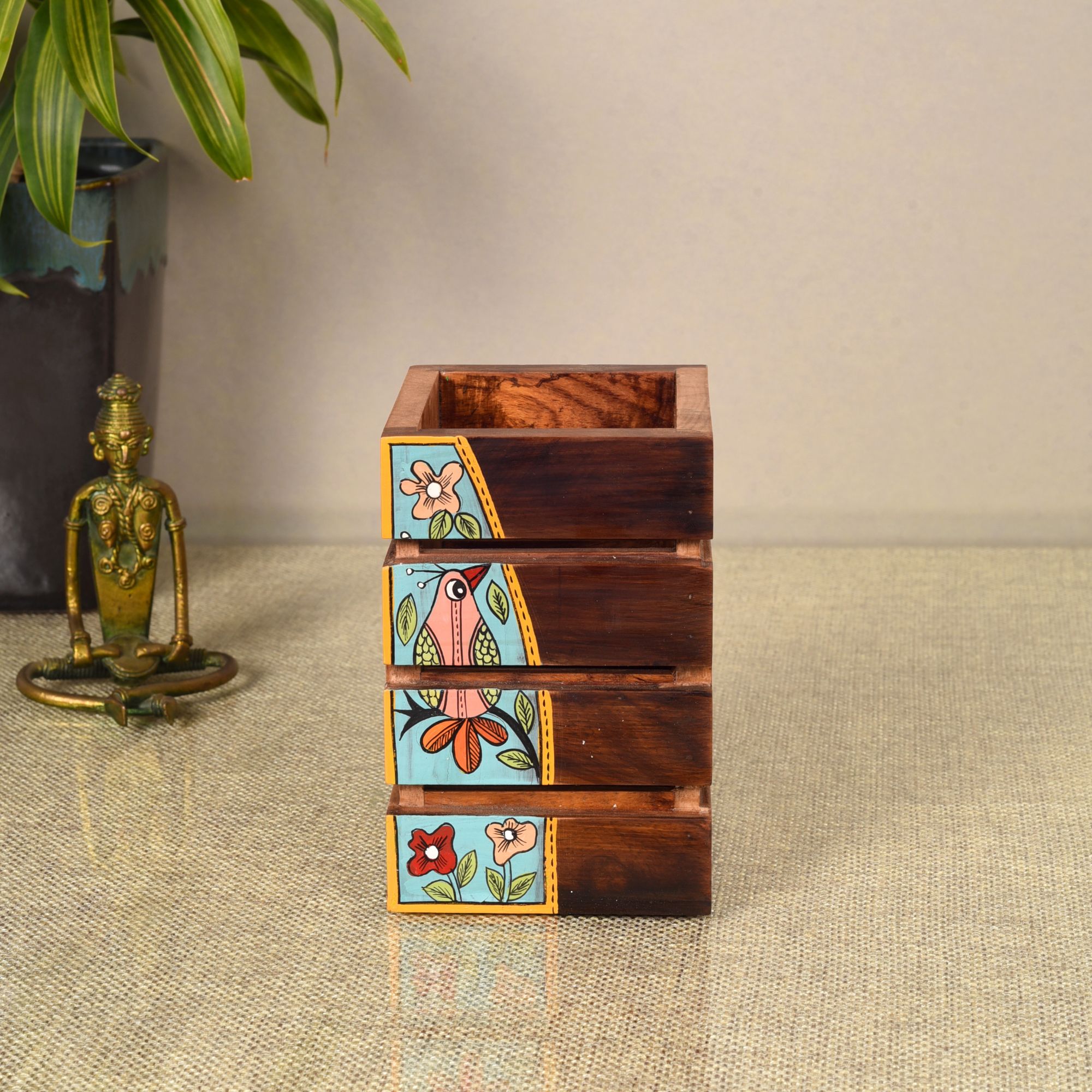 Artistic Flair Wooden Pen Stand (3.5x3.5x5) - Aakriti Art Creations