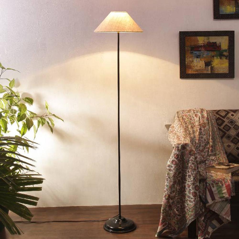 Moana White Natural Fiber Floor Lamp with Black Iron Base