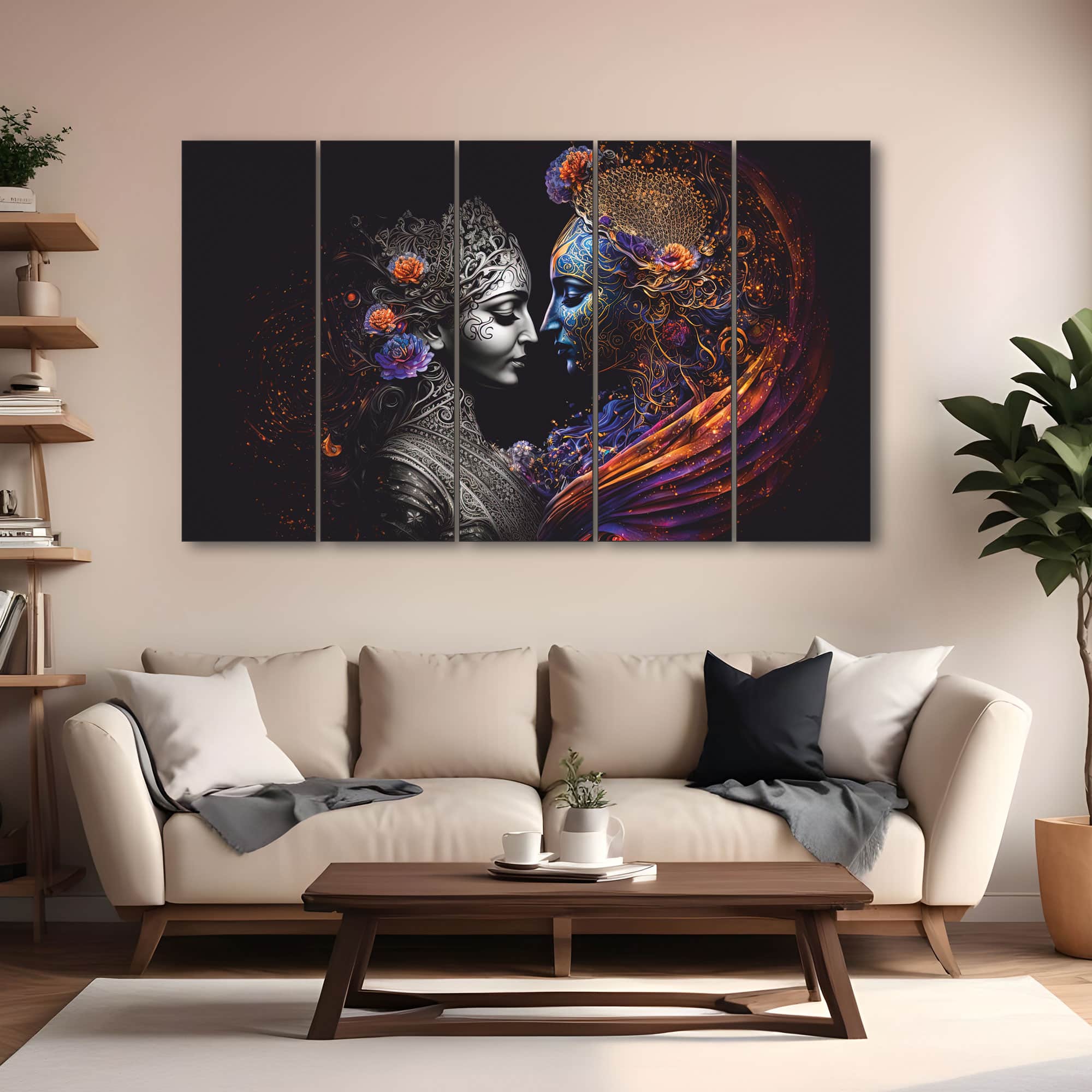 The Castle Decor Radha Krishna Spiritual Wall Art Framed Painting 27x48 Inch (Style 5) - The Castle Decor