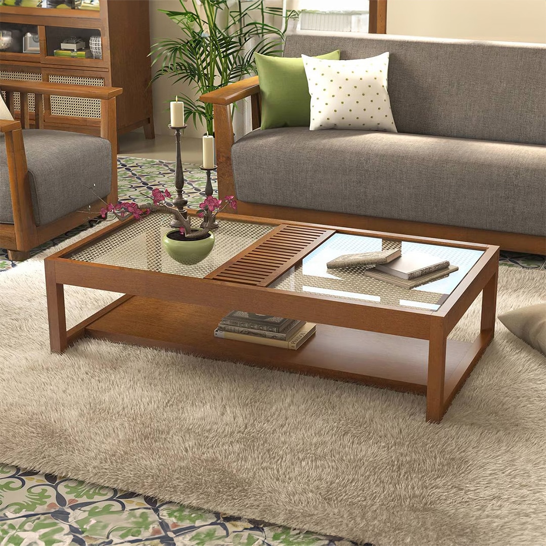 Fujiwara Rectangular Solid Wood Coffee Table In Amber Walnut Finish