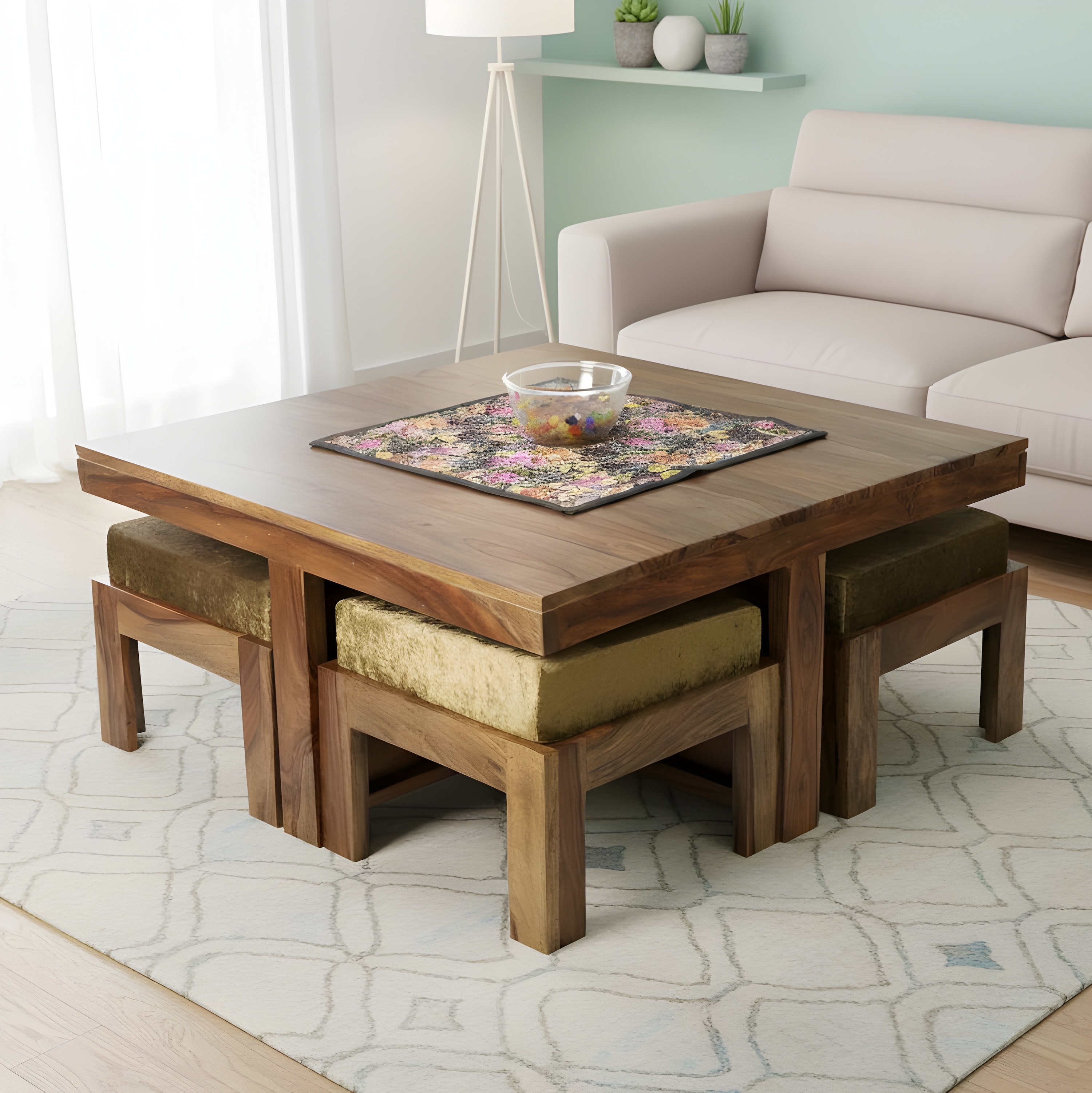 Blane Sheesham Wood 4 Seater Coffee Table Set In Teak Finish