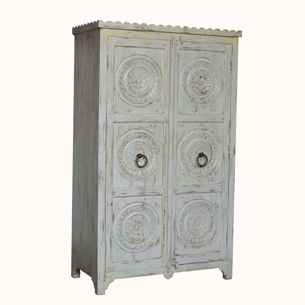 Franklin solid wood wardrobe cabinet in white distress with carving