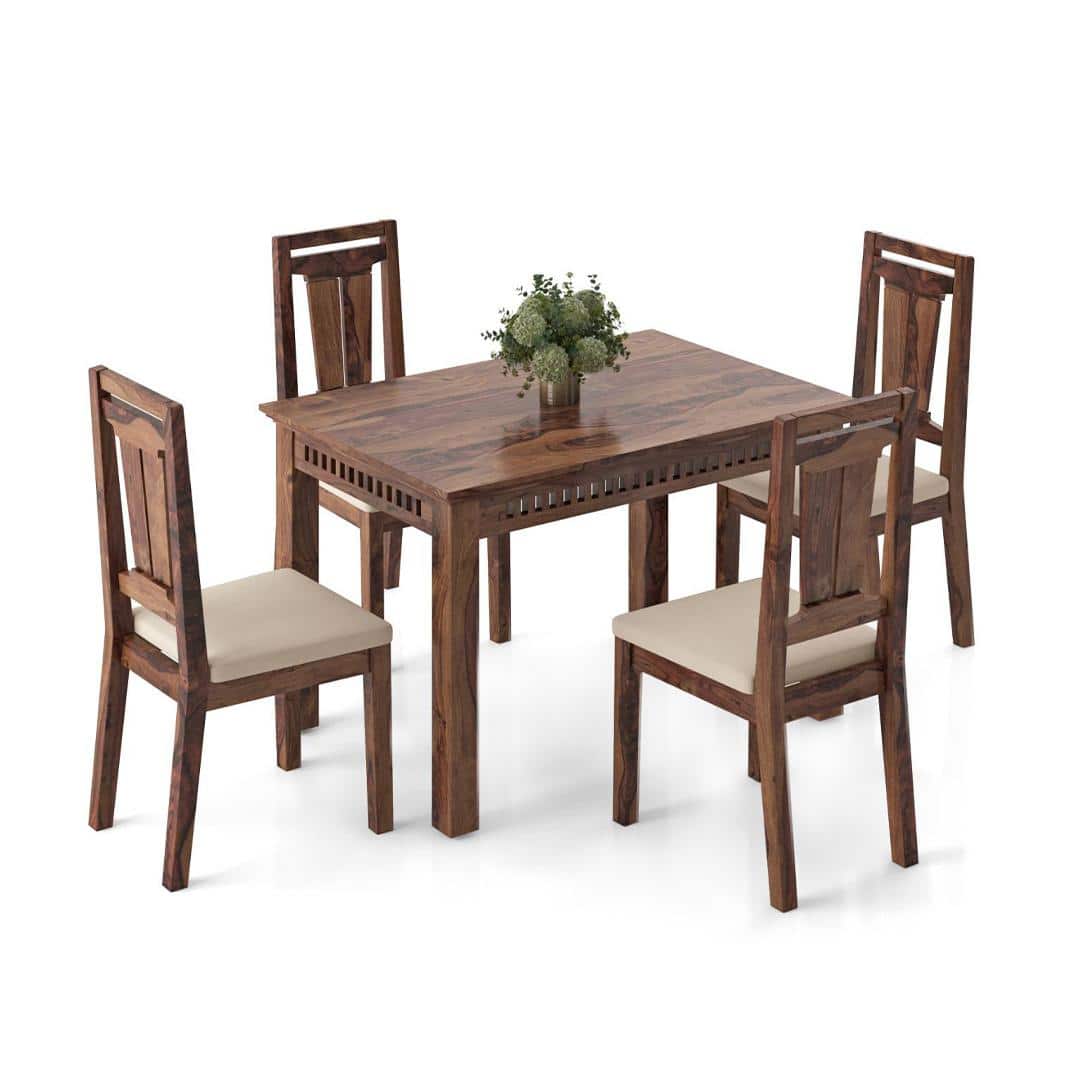 Fidora 4 Seater Dining Table With Set Of 4 Martha Dining Chairs (Colour- Wheat Brown, Finish- Teak)