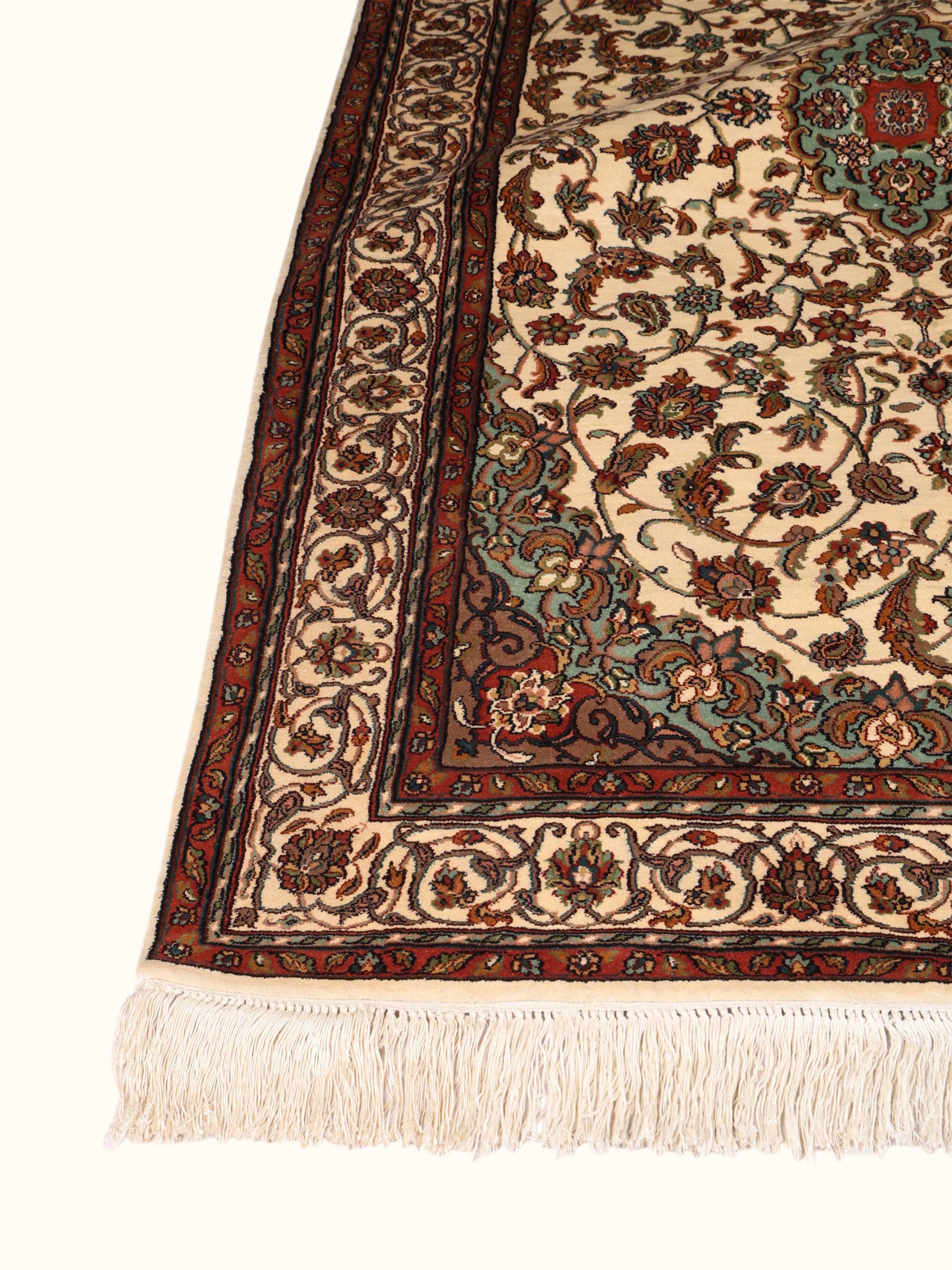 Traditional Persian Ivory Blue Kashan Kashmir Silk Hand-Knotted Carpet