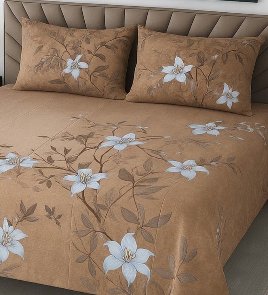 Orange Shade Floral 400 TC Cotton Flat Super King Size Bedsheet With 2 Pilllow Covers