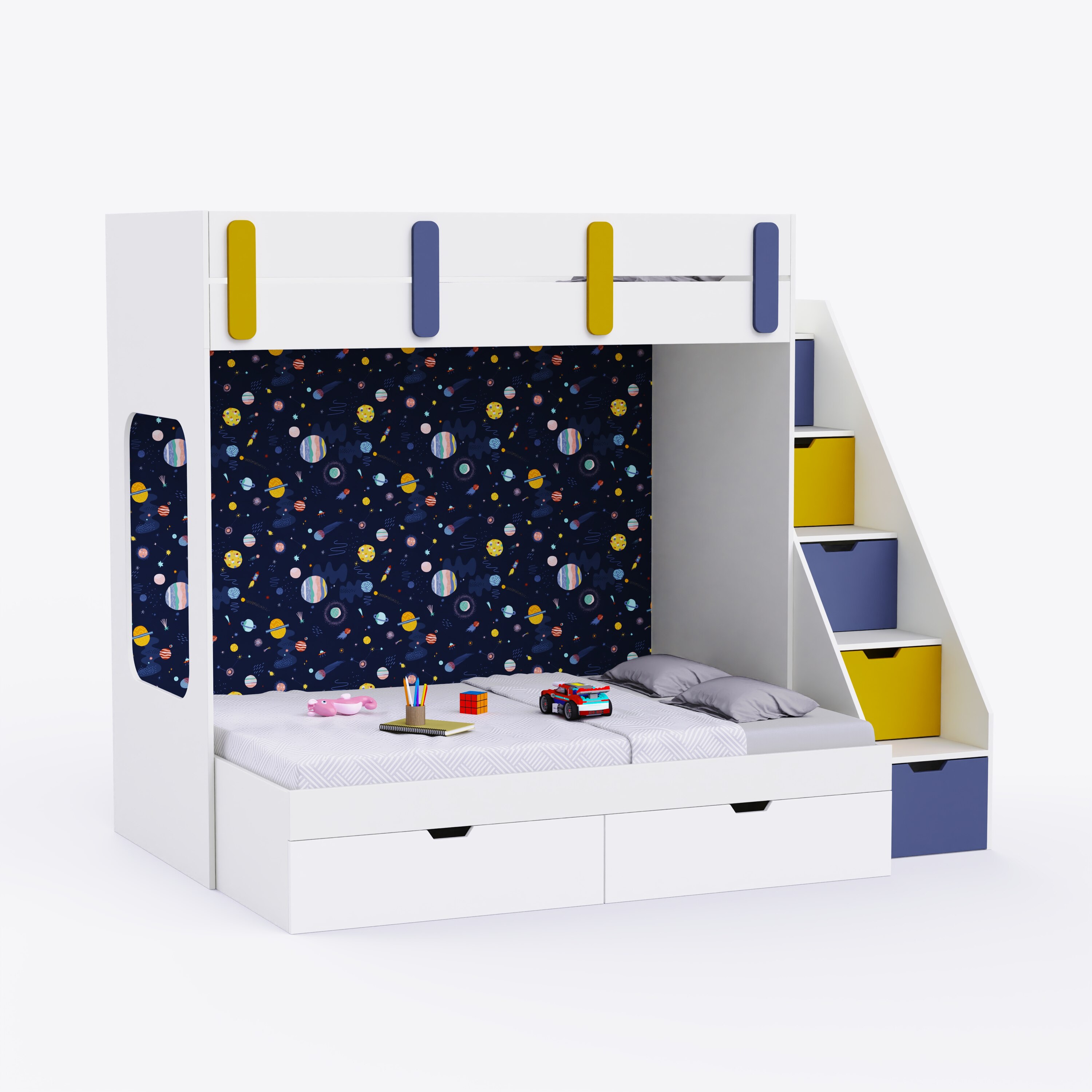 Pattern Dreams Bunk Bed  6X5 (Drawers On Wheels) In White & Blue Colour