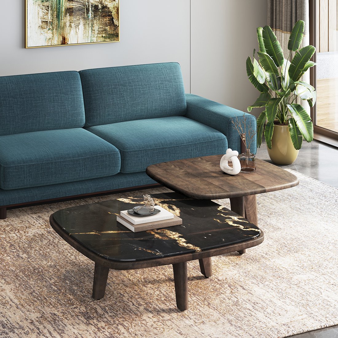 Alba Square Cluster Black Marquina Marble & Solid Wood Coffee Table In Danish Walnut Finish