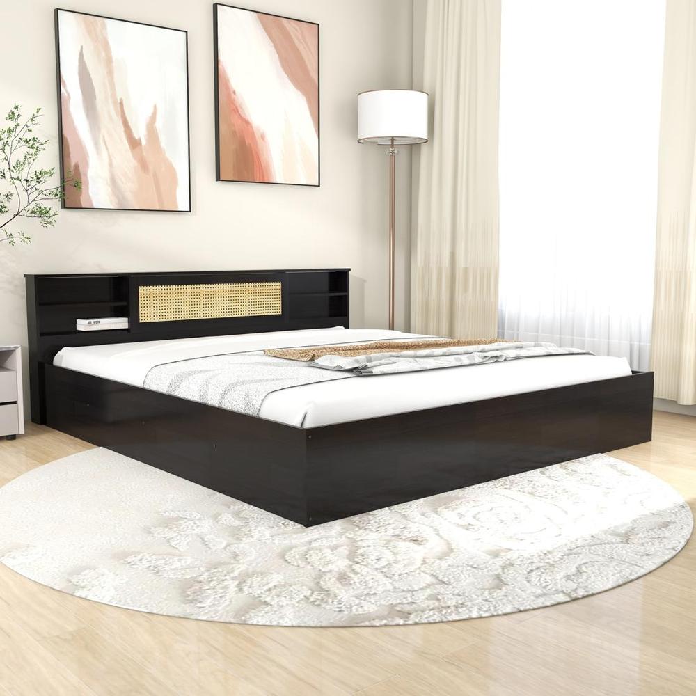 Kaito Queen Bed With Rattan Center Door With Nonwoven Fabric Base