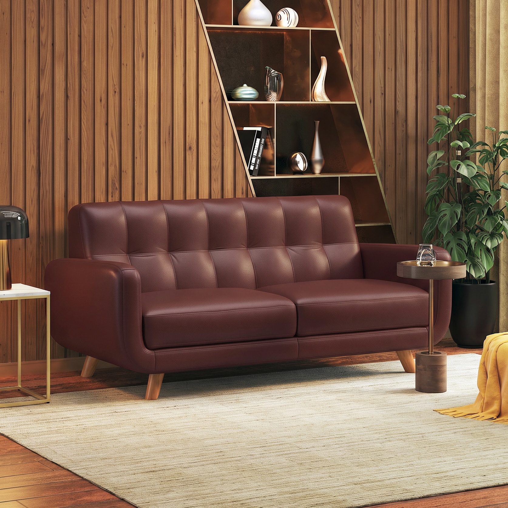 Waverly 2 Seater Leather Sofa in Deep Burgundy Colour - Urban Ladder