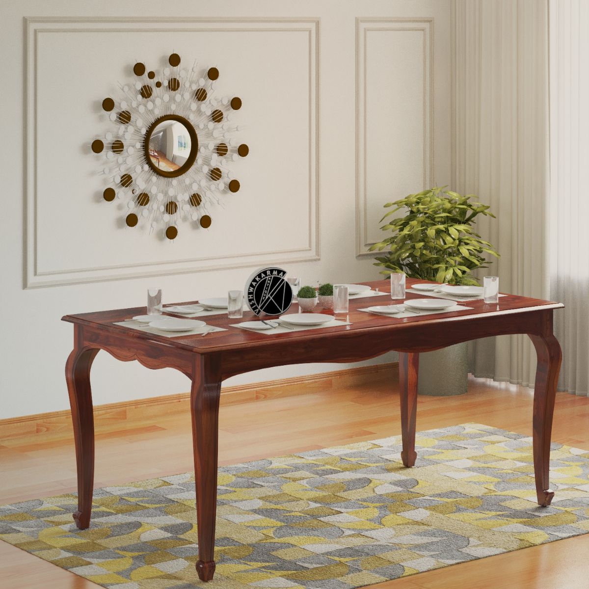 Kade Solid Wood 6 Seater Dining Table in Brown Finish - Vishwakarma Antique